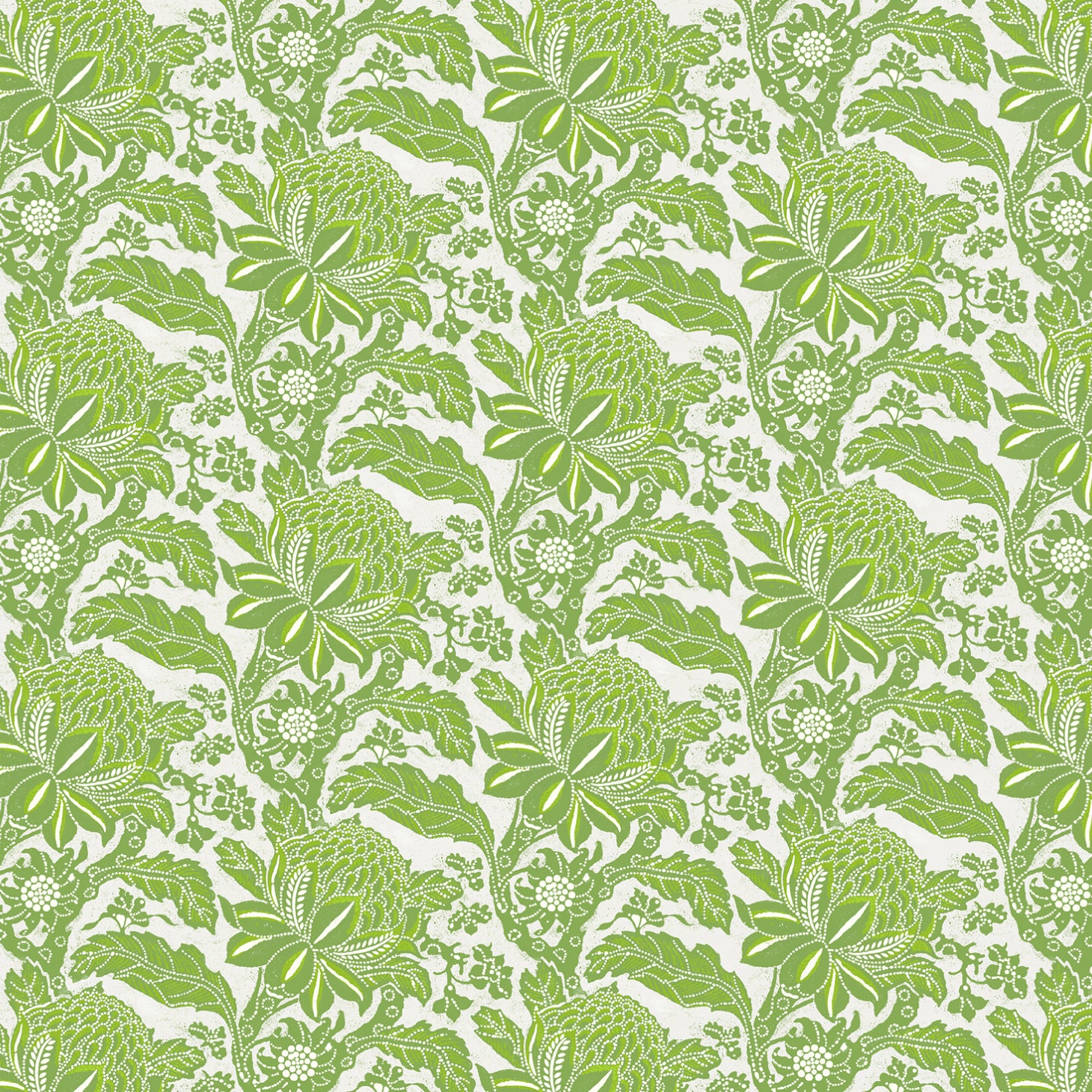 Detail of wallpaper in a repeating botanical print in green on a white field.