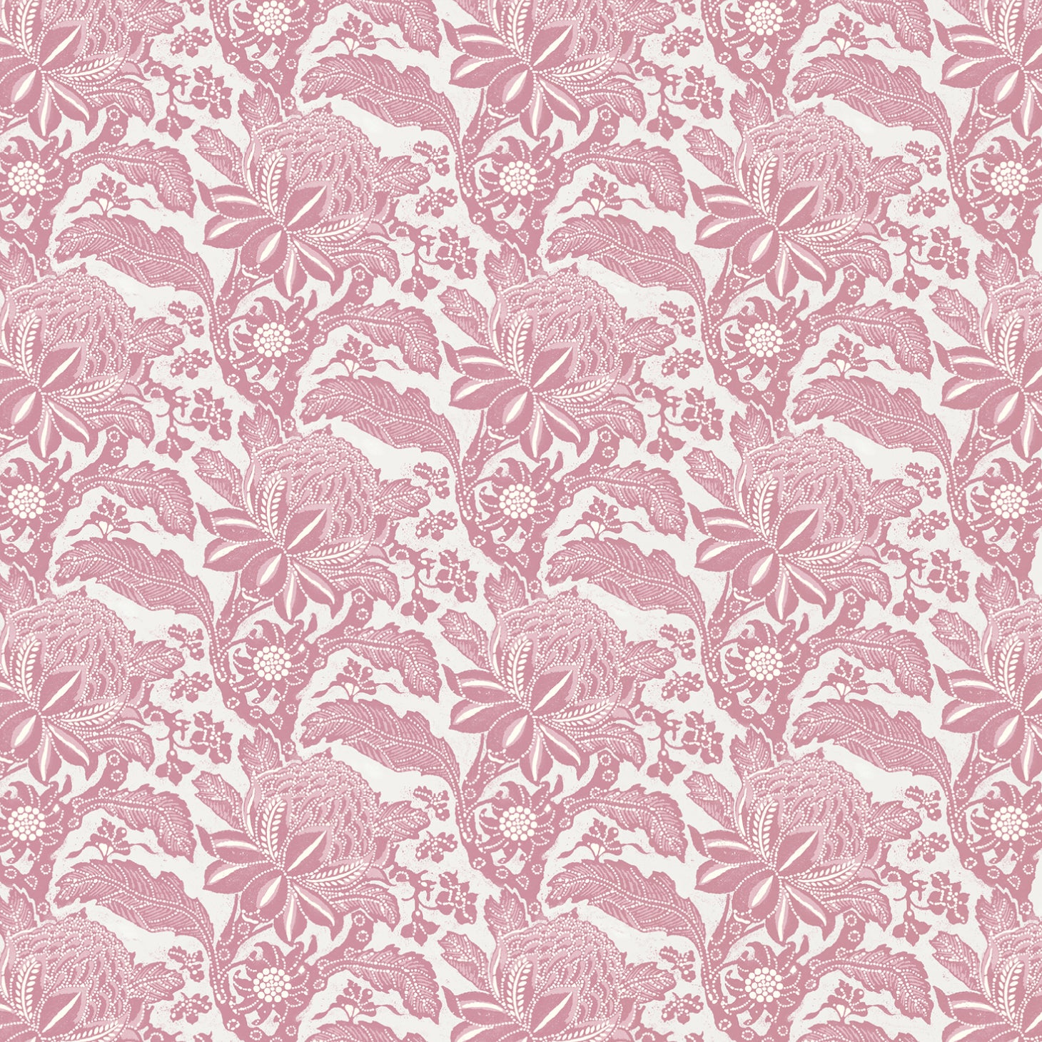 Detail of wallpaper in a repeating botanical print in pink on a white field.