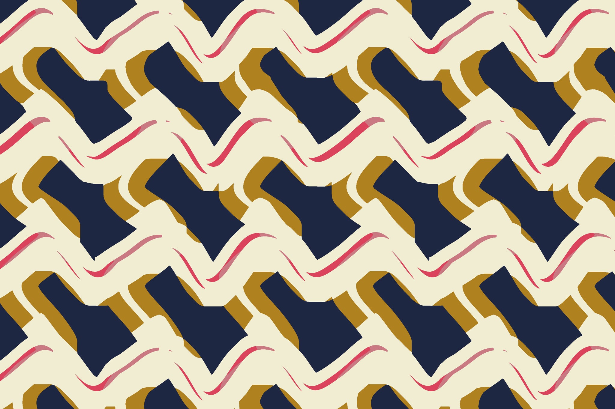 Detail of fabric in an abstract shape print in shades of mustard, gray, pink and cream.