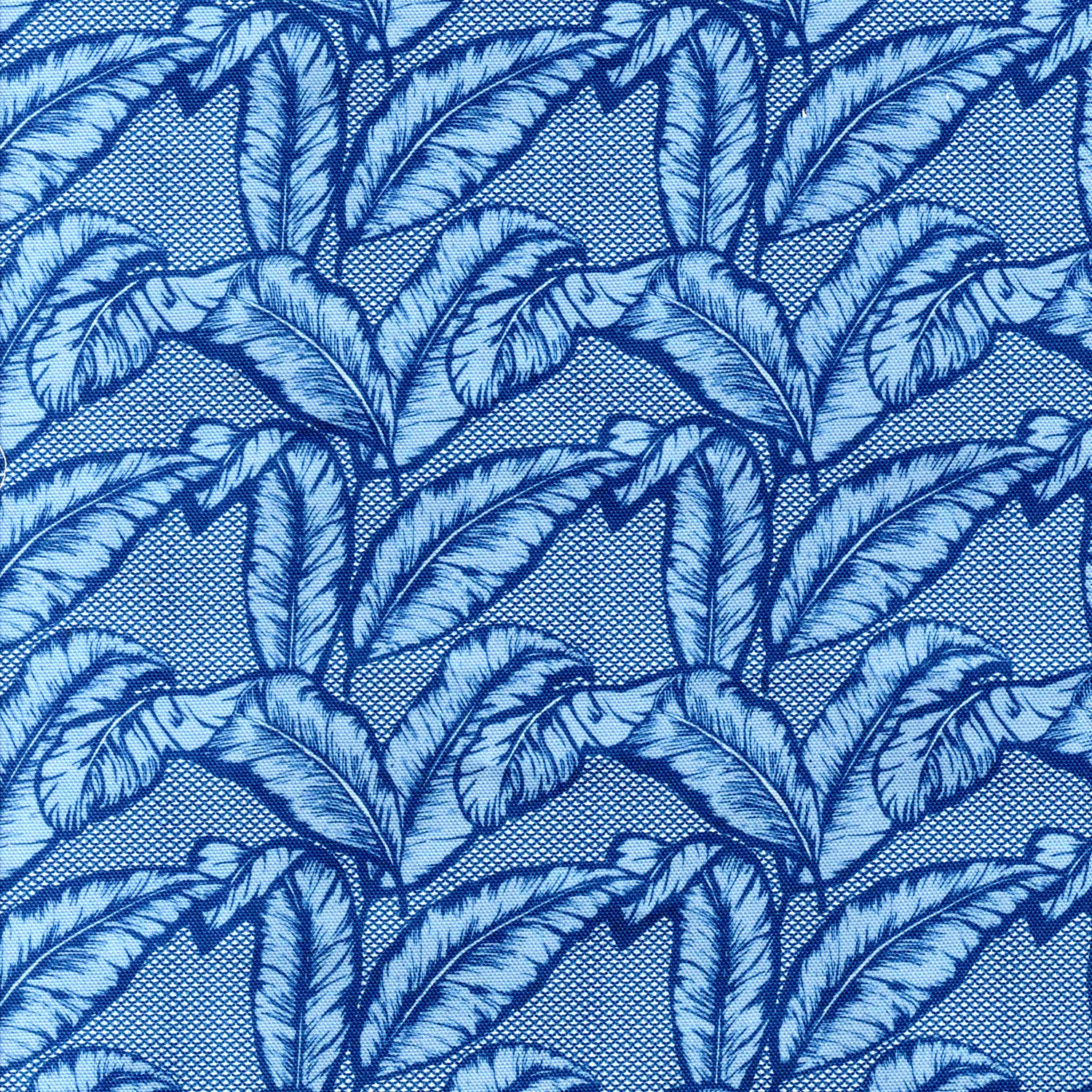 Detail of fabric in a dense leaf print in navy and blue on a blue field.