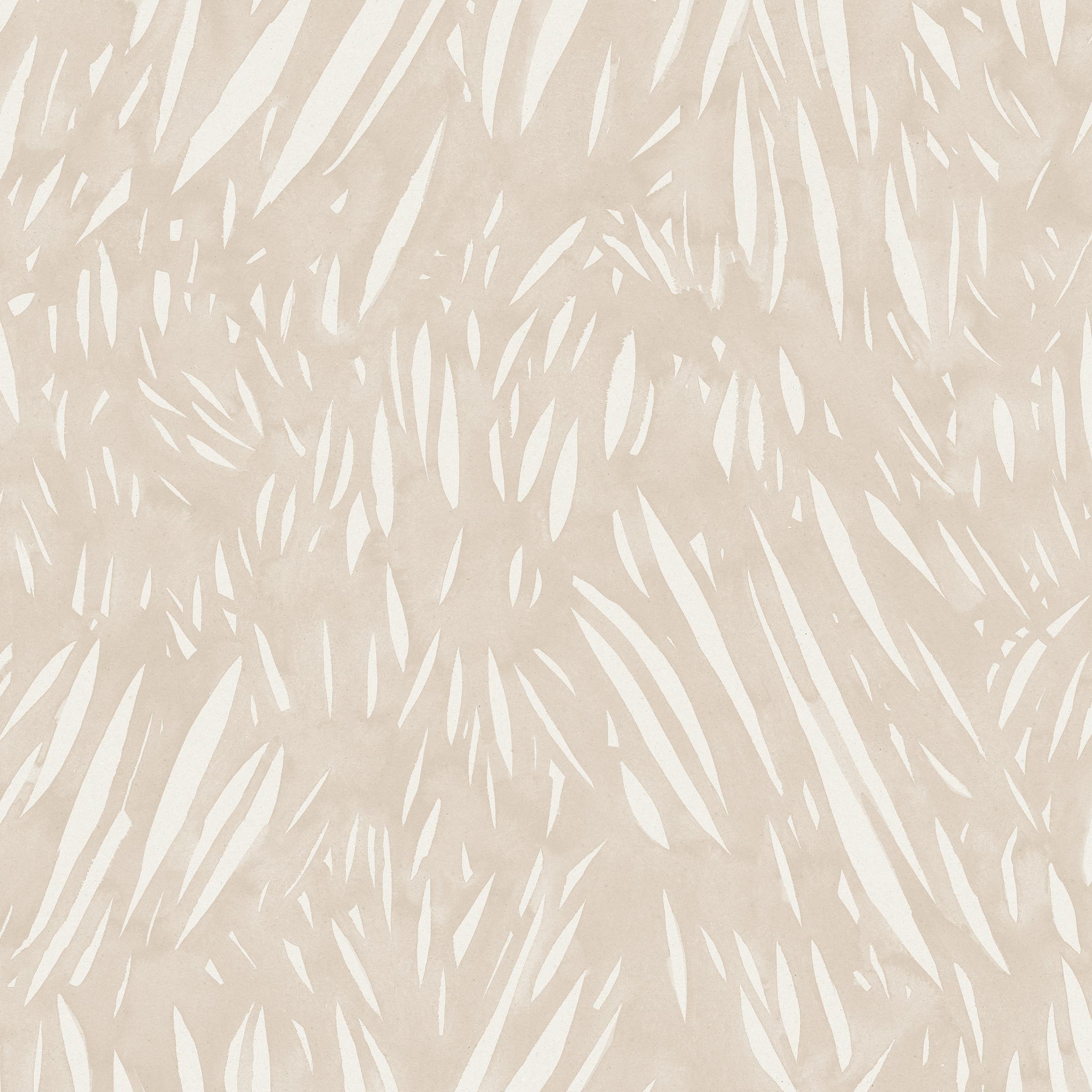 Detail of fabric in an abstract leaf pattern in white on a cream watercolor field.