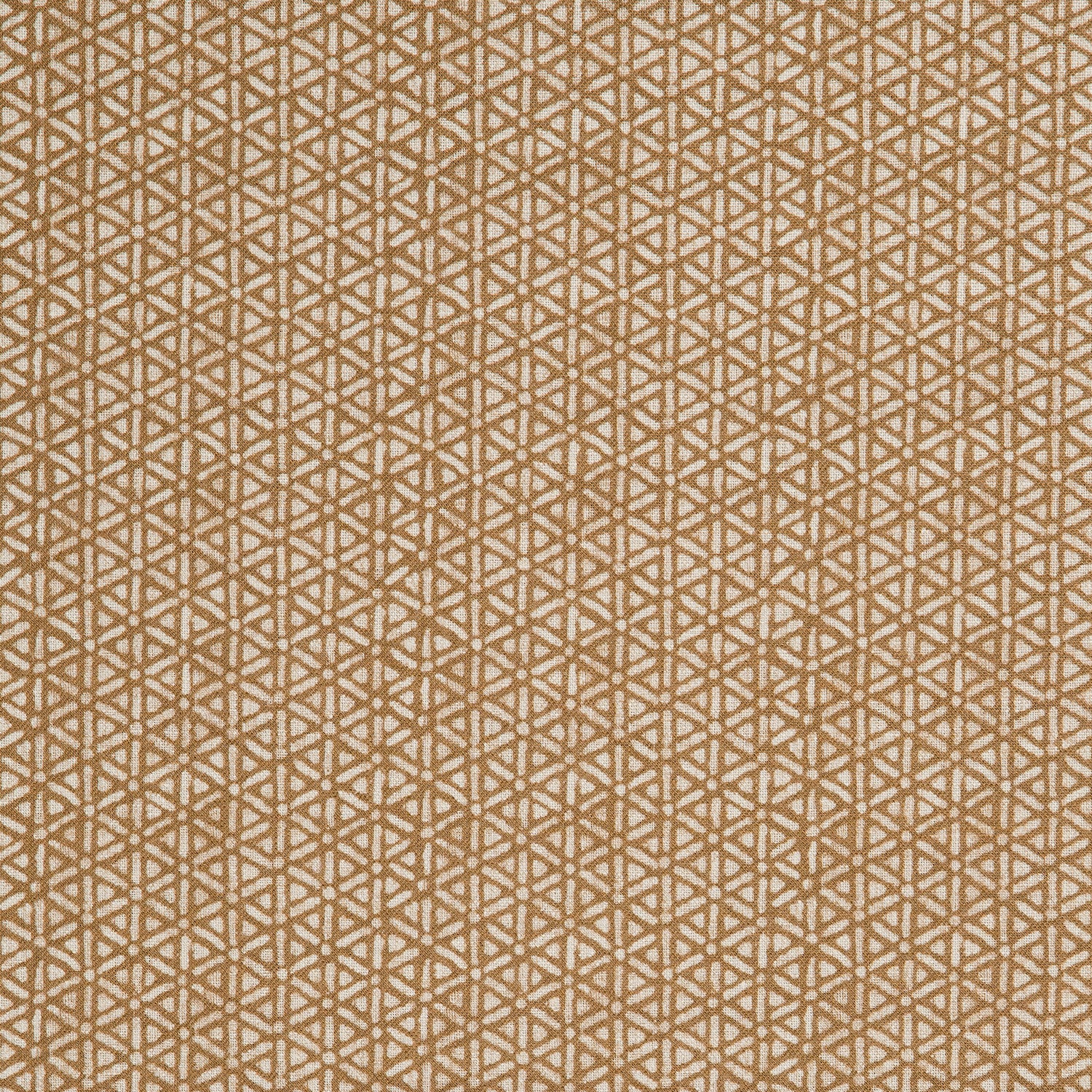 Detail of a linen fabric in a detailed geometric pattern in cream on a camel field.