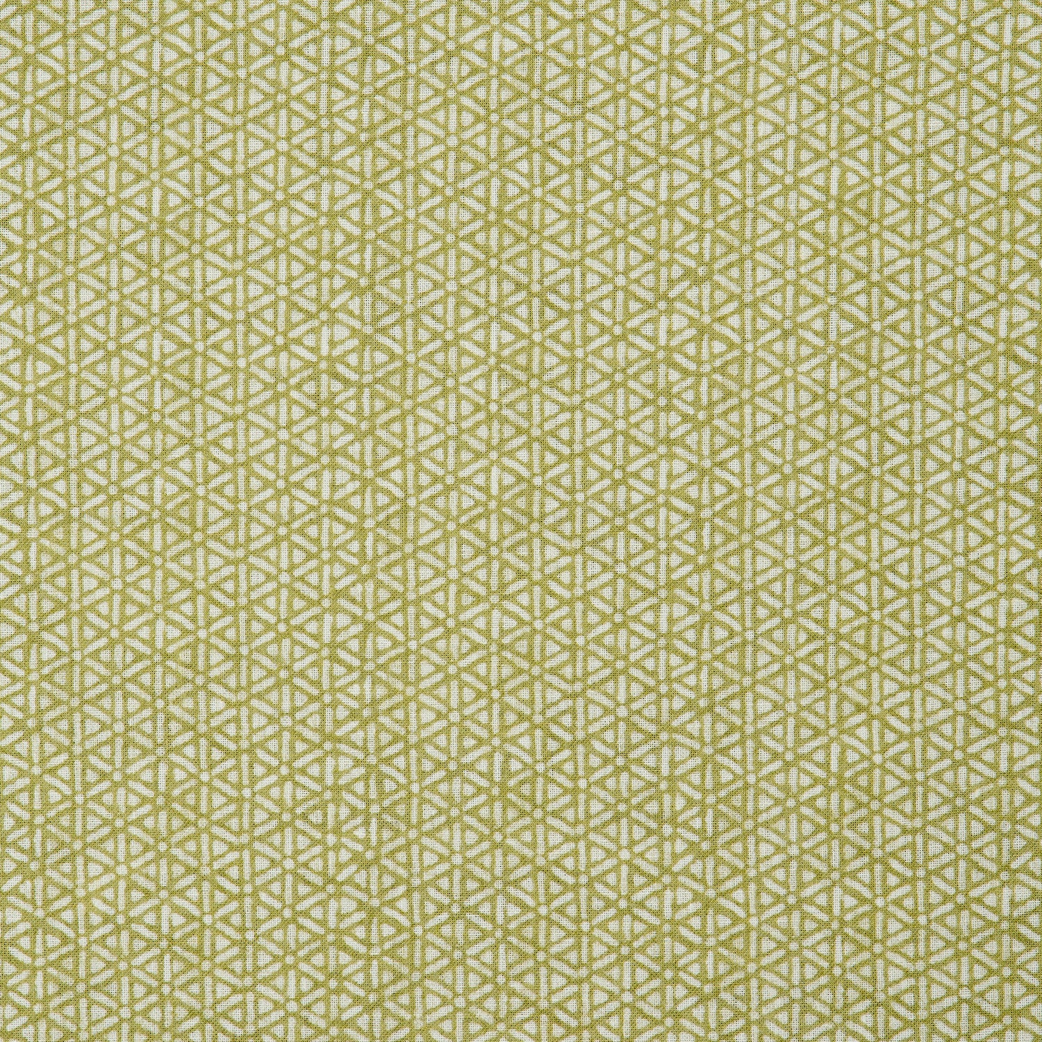 Detail of a linen fabric in a detailed geometric pattern in white on a chartreuse field.