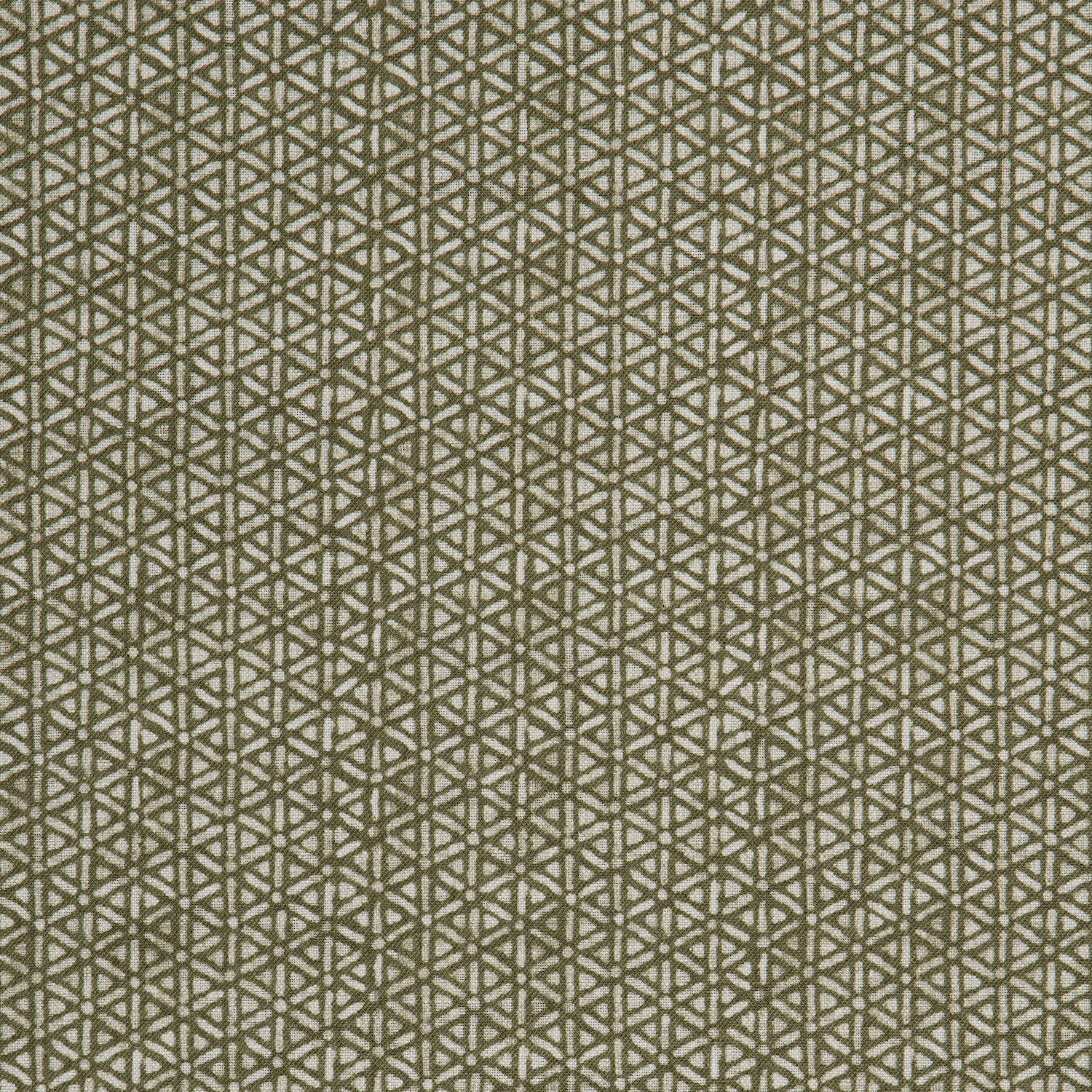Detail of a linen fabric in a detailed geometric pattern in white on an olive field.
