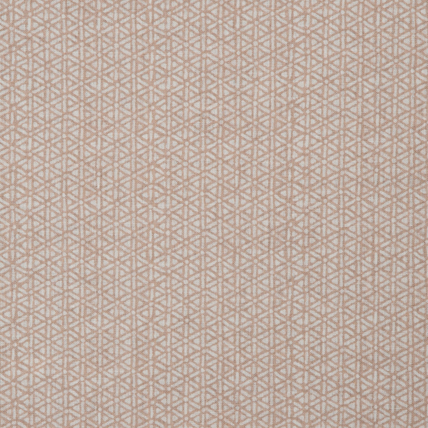Detail of a linen fabric in a detailed geometric pattern in white on a light pink field.