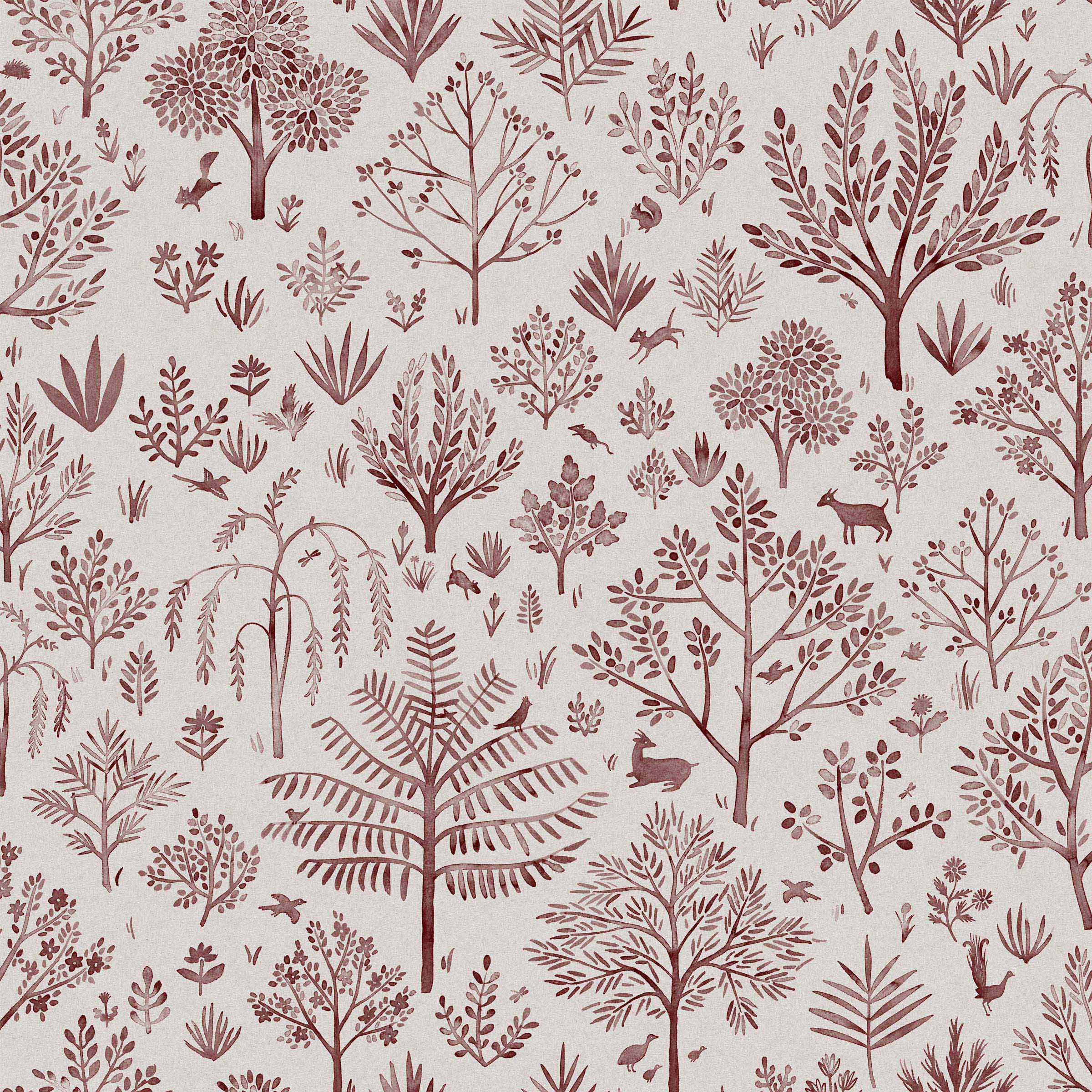 Detail of fabric in a playful animal and tree print in purple on a greige field.