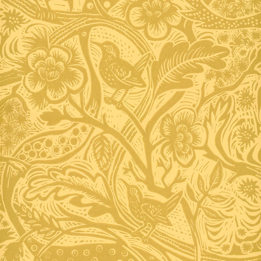 Detail of wallpaper in a playful wren and flower print in yellow and gold.