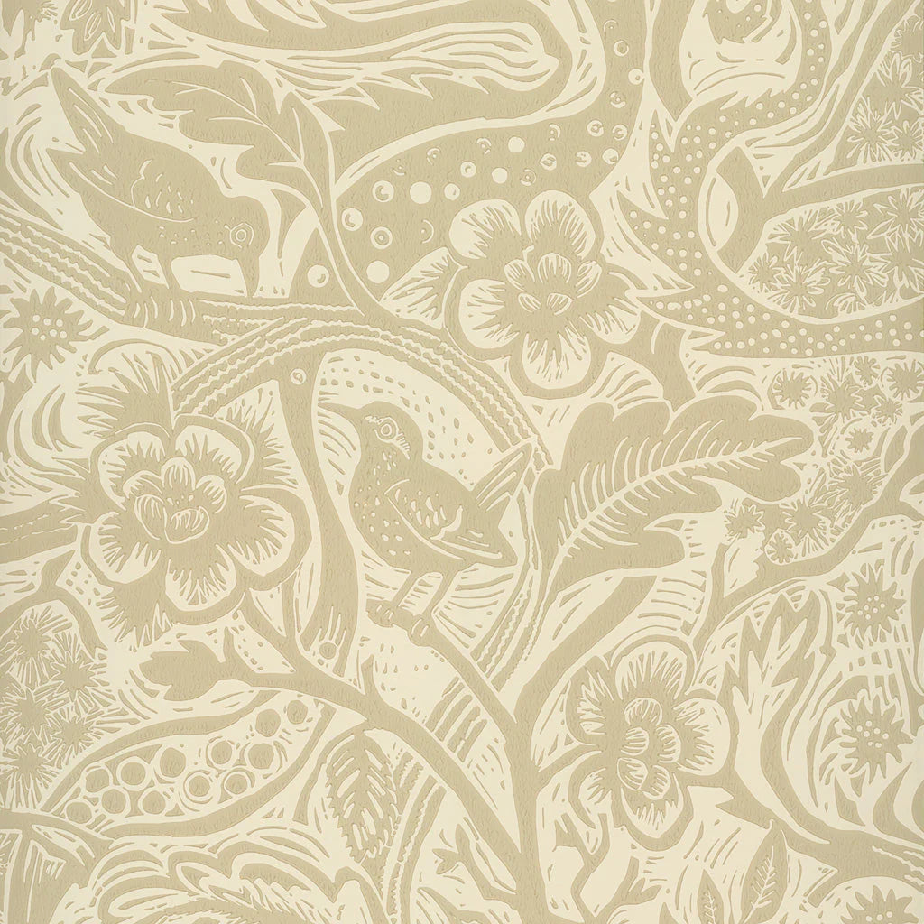 Detail of wallpaper in a playful wren and flower print in tan and cream.