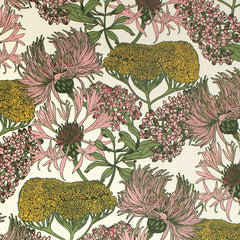 Swatch of wallpaper with an intricate vintage floral pattern in shades of pink, yellow and green on a cream background.