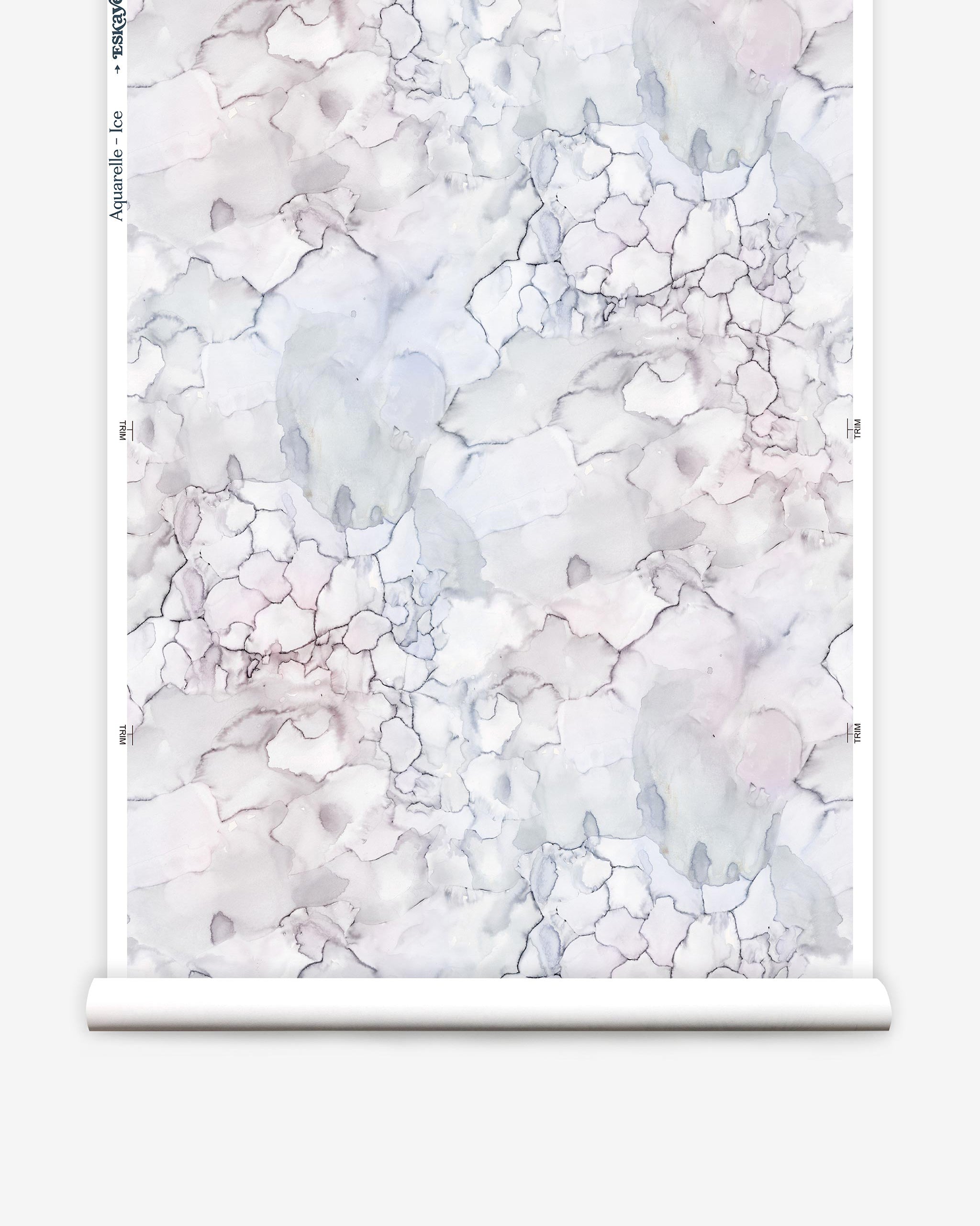 Partially unrolled wallpaper yardage in an abstract textural print in shades of white, purple and gray.