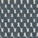 Detail of fabric in an abstract scalloped print in navy on a tan field.
