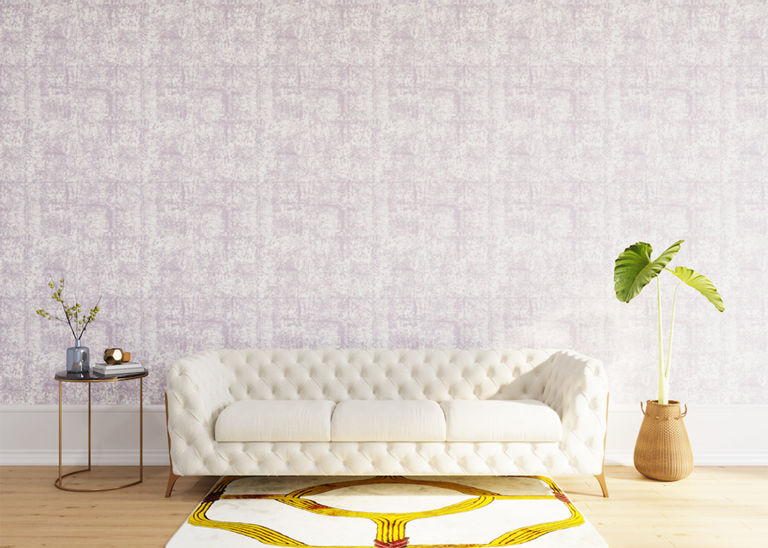 Styled living room tableau with a wall papered in an organic textural print in light purple on a white field.