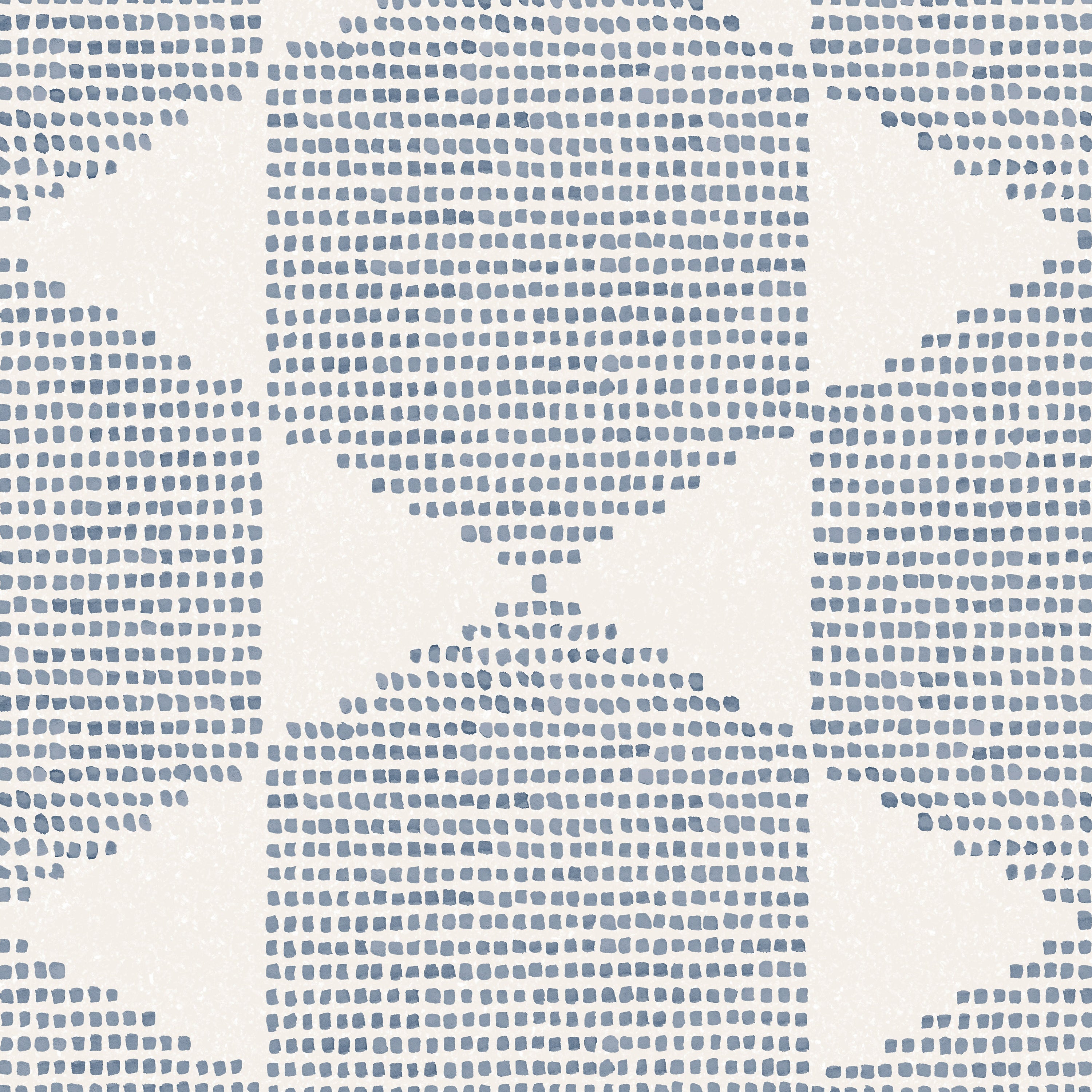 Detail of wallpaper in a geometric star print in blue on a cream field.