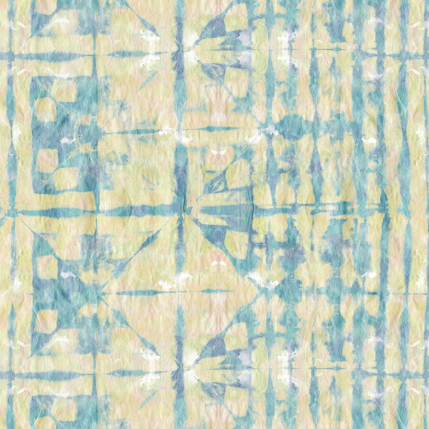 Detail of wallpaper in an abstract dyed grid print in mottled yellow, blue and white.