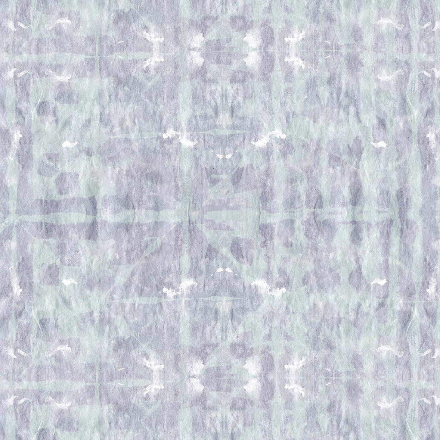 Detail of wallpaper in an abstract dyed grid print in mottled purple and turquoise.