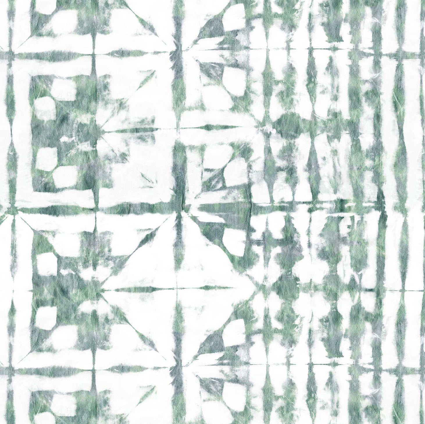 Detail of wallpaper in an abstract dyed grid print in mottled white and green.