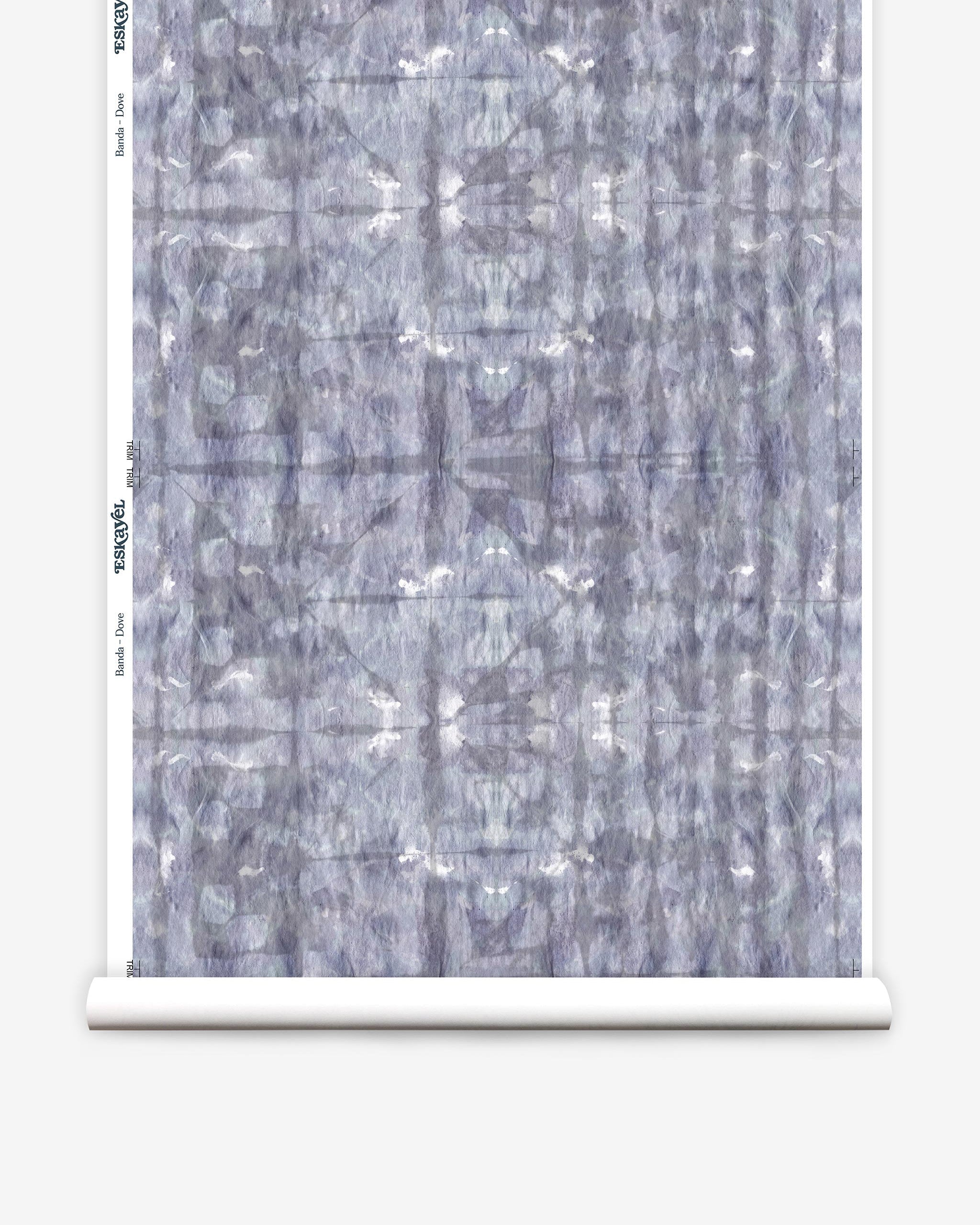 Partially unrolled wallpaper yardage in an abstract dyed grid print in mottled purple.