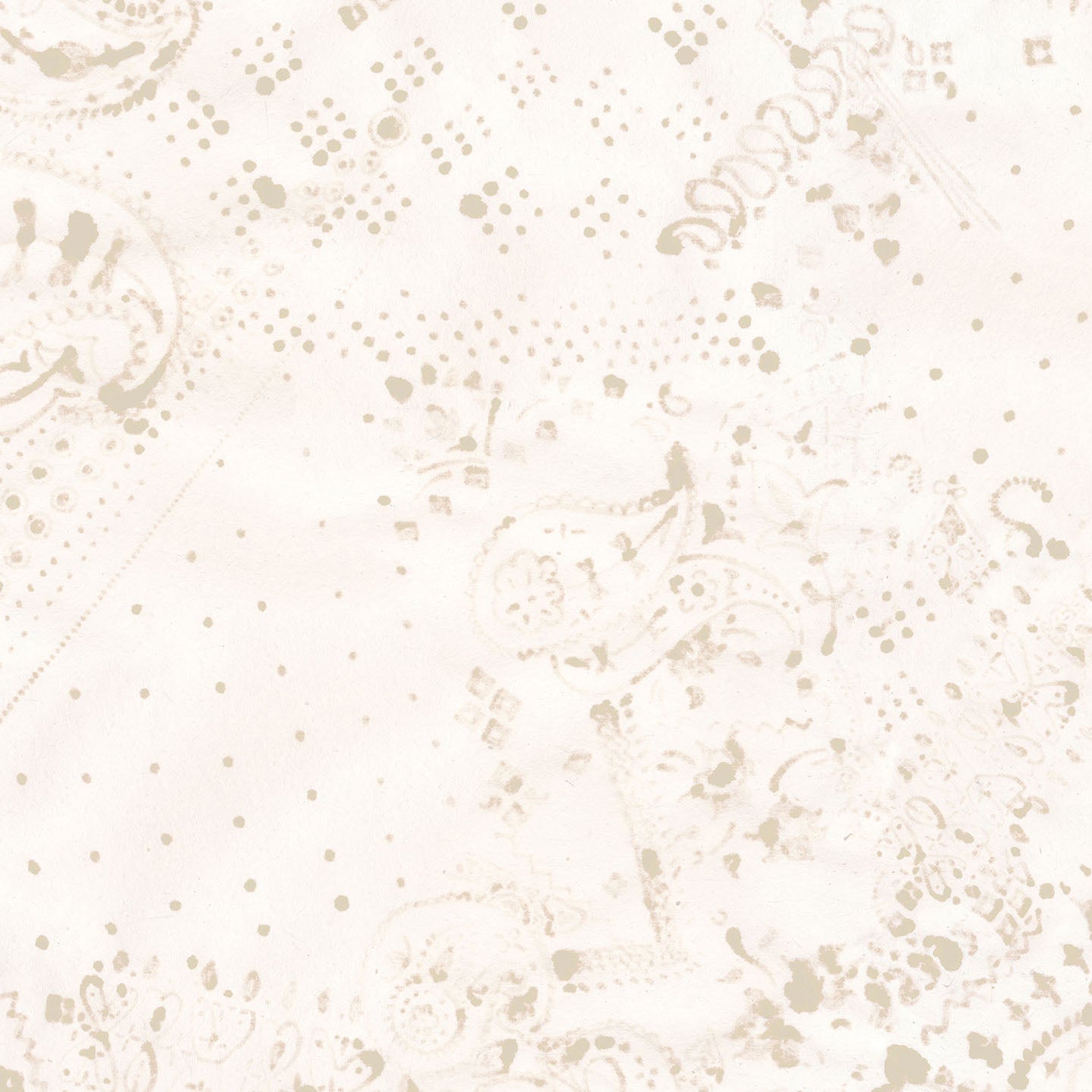 Detail of wallpaper in a painterly bandana print in beige on a cream field.