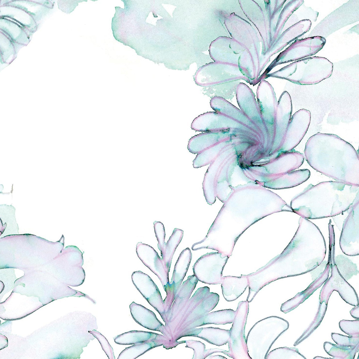 Detail of wallpaper in a painterly floral print in shades of green and purple on a white field.