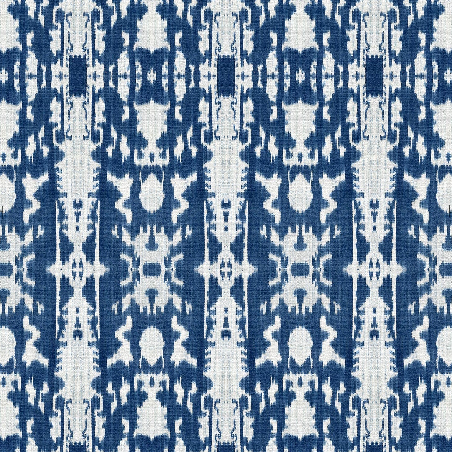 Detail of wallpaper in a painterly ikat print in blue and white.
