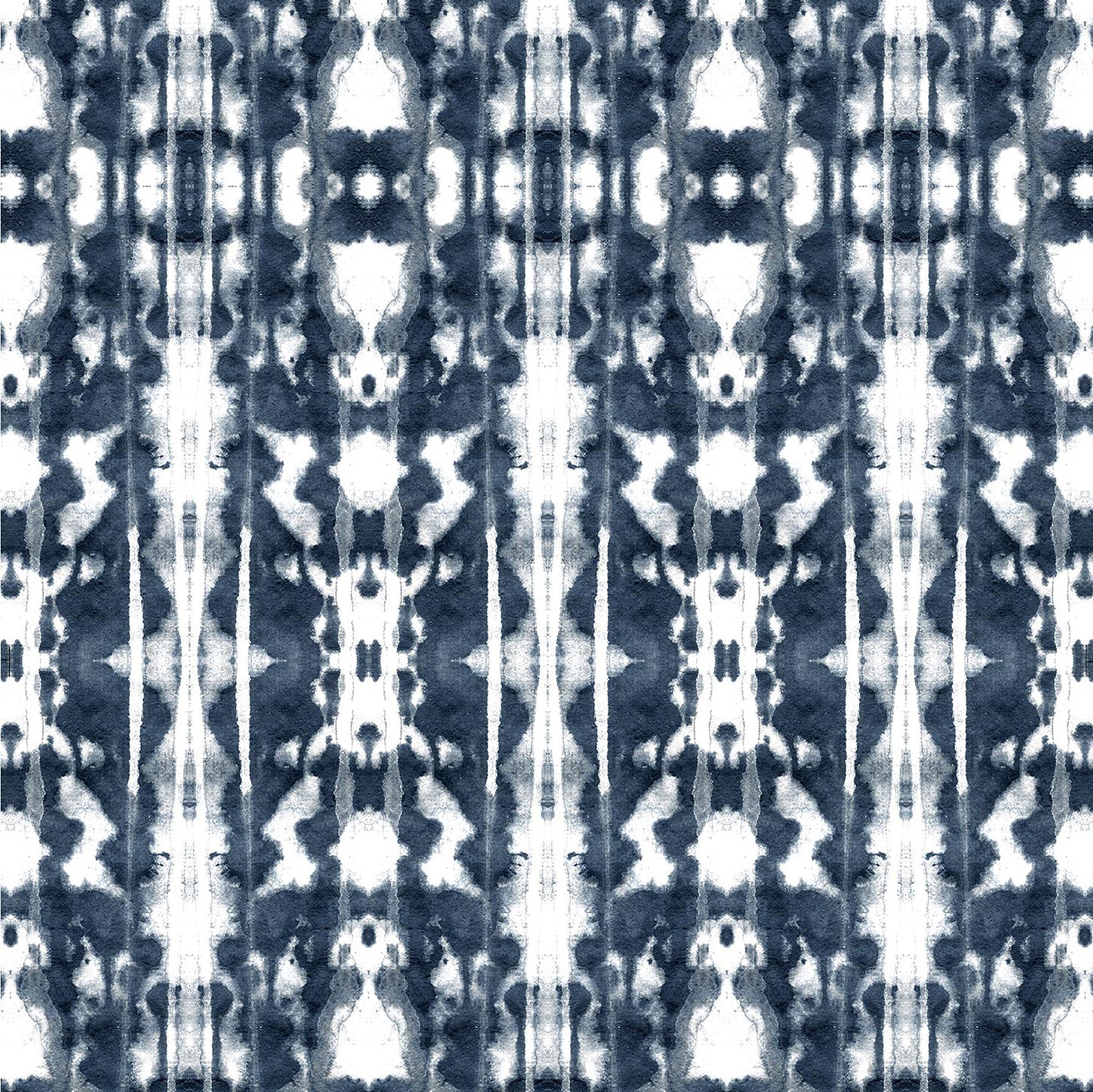 Detail of wallpaper in a painterly ikat print in navy and white.