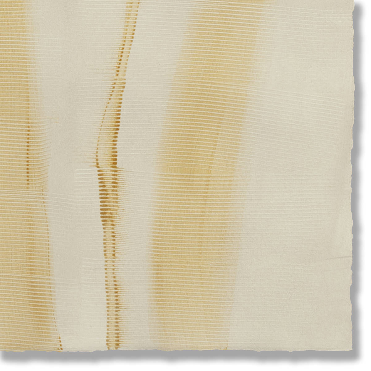 Detail of a handmade wallpaper swatch with an irregular combed stripe pattern in ochre on a tan field.