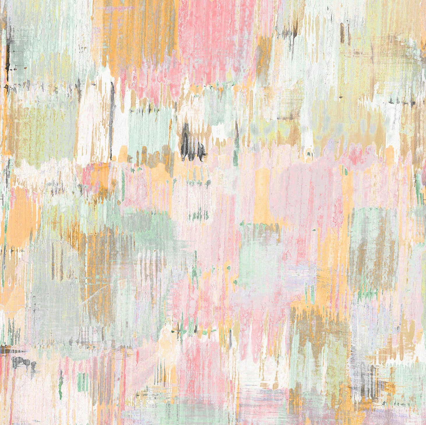Detail of wallpaper in an abstract textural print in shades of pink, green, yellow and white.