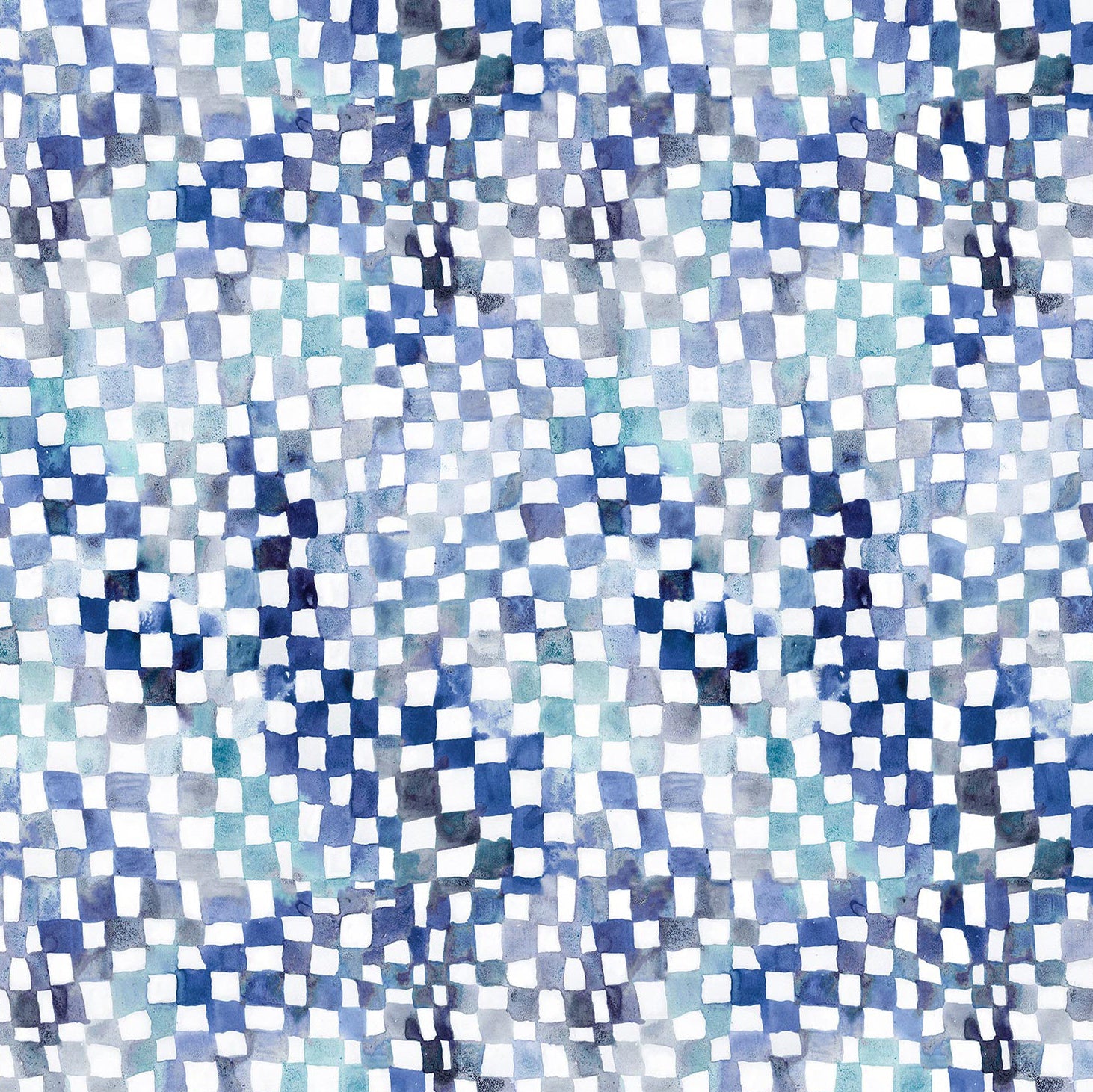 Detail of wallpaper in a painterly chess board print in shades of blue and navy on a white field.
