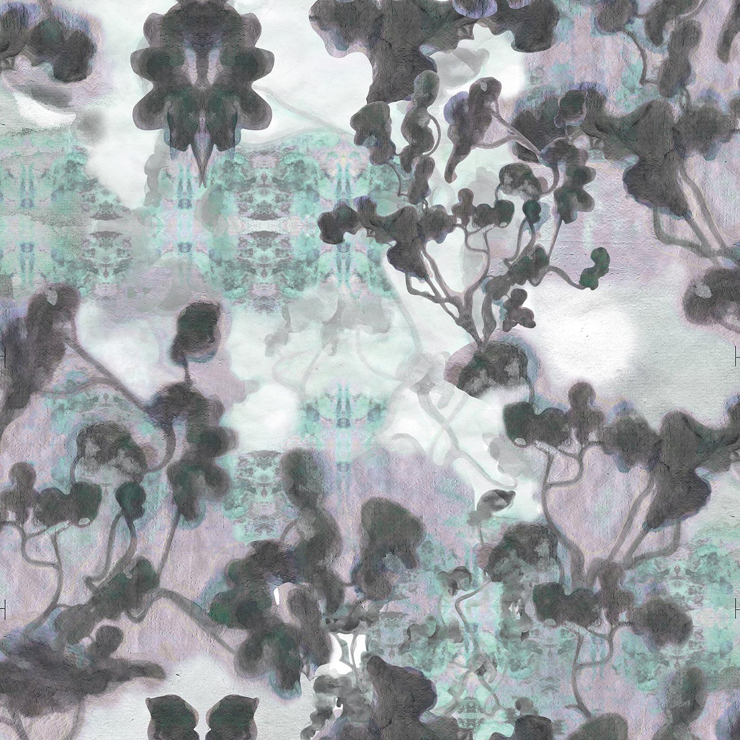 Detail of wallpaper in an abstract botanical print in gray, turquoise, purple and white.