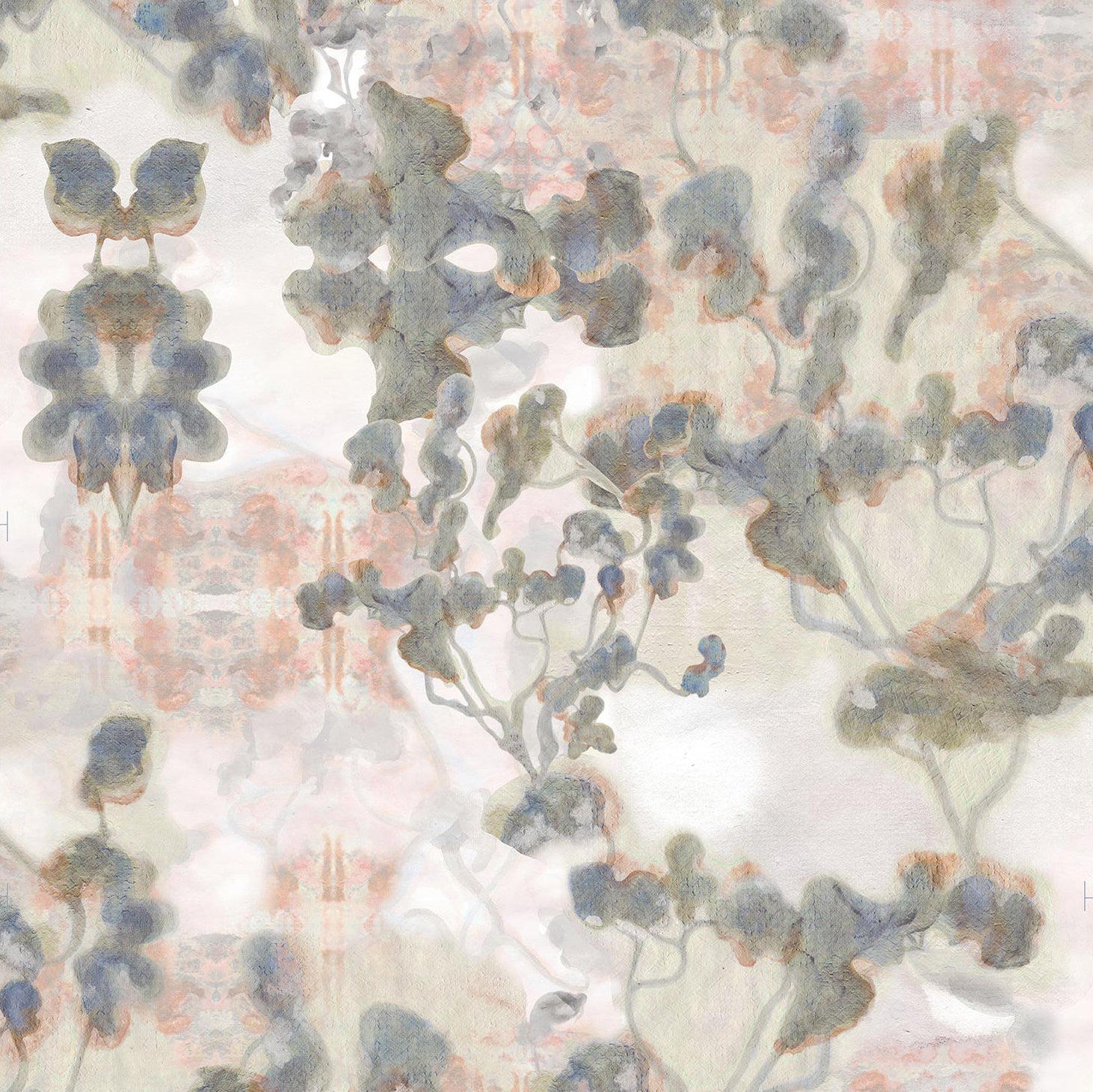 Detail of wallpaper in an abstract botanical print in gray, peach, tan and white.