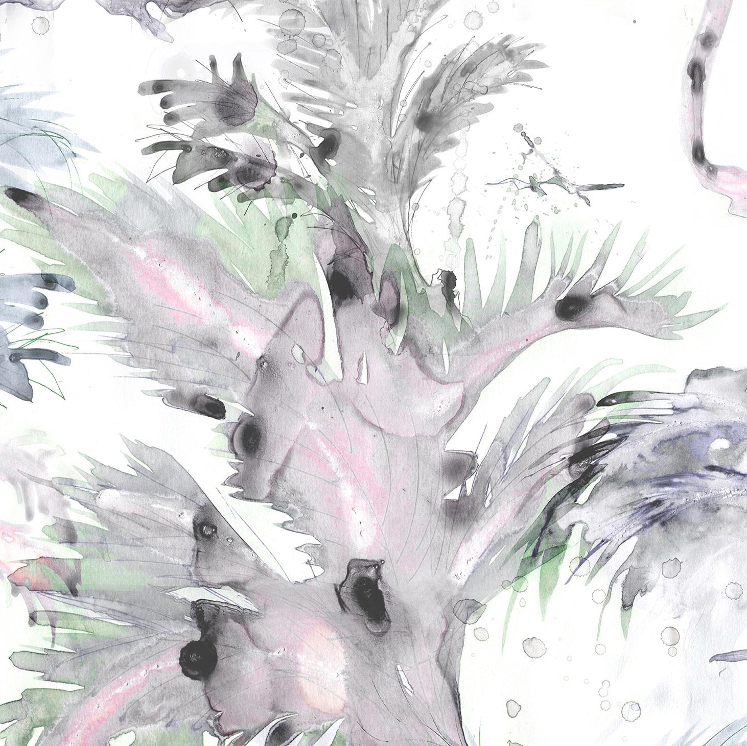 Detail of wallpaper in a painterly palm tree print in shades of gray, pink and green on a white field.