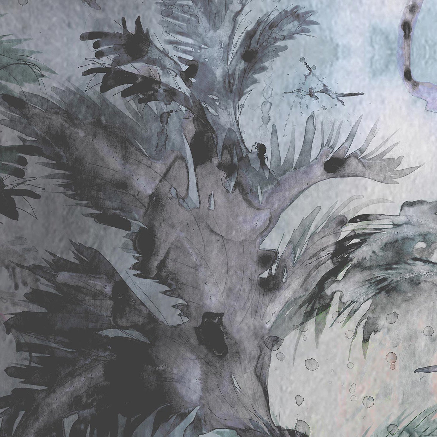 Detail of wallpaper in a painterly palm tree print in shades of gray and blue on a white field.