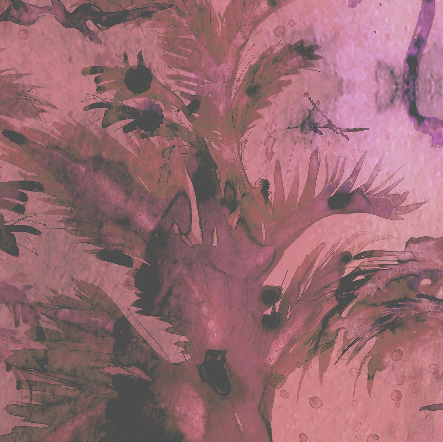 Detail of wallpaper in a painterly palm tree print in shades of red, pink and gray.