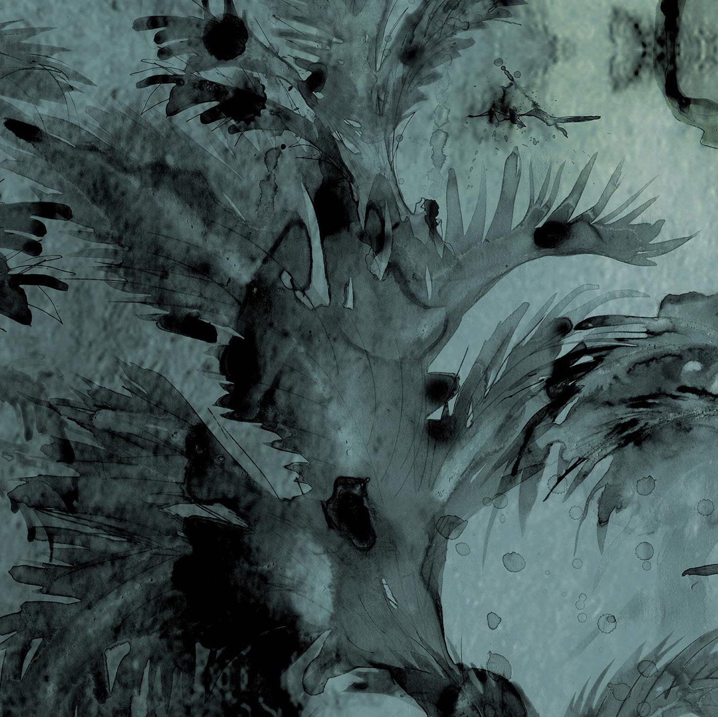 Detail of wallpaper in a painterly palm tree print in shades of gray and turquoise.