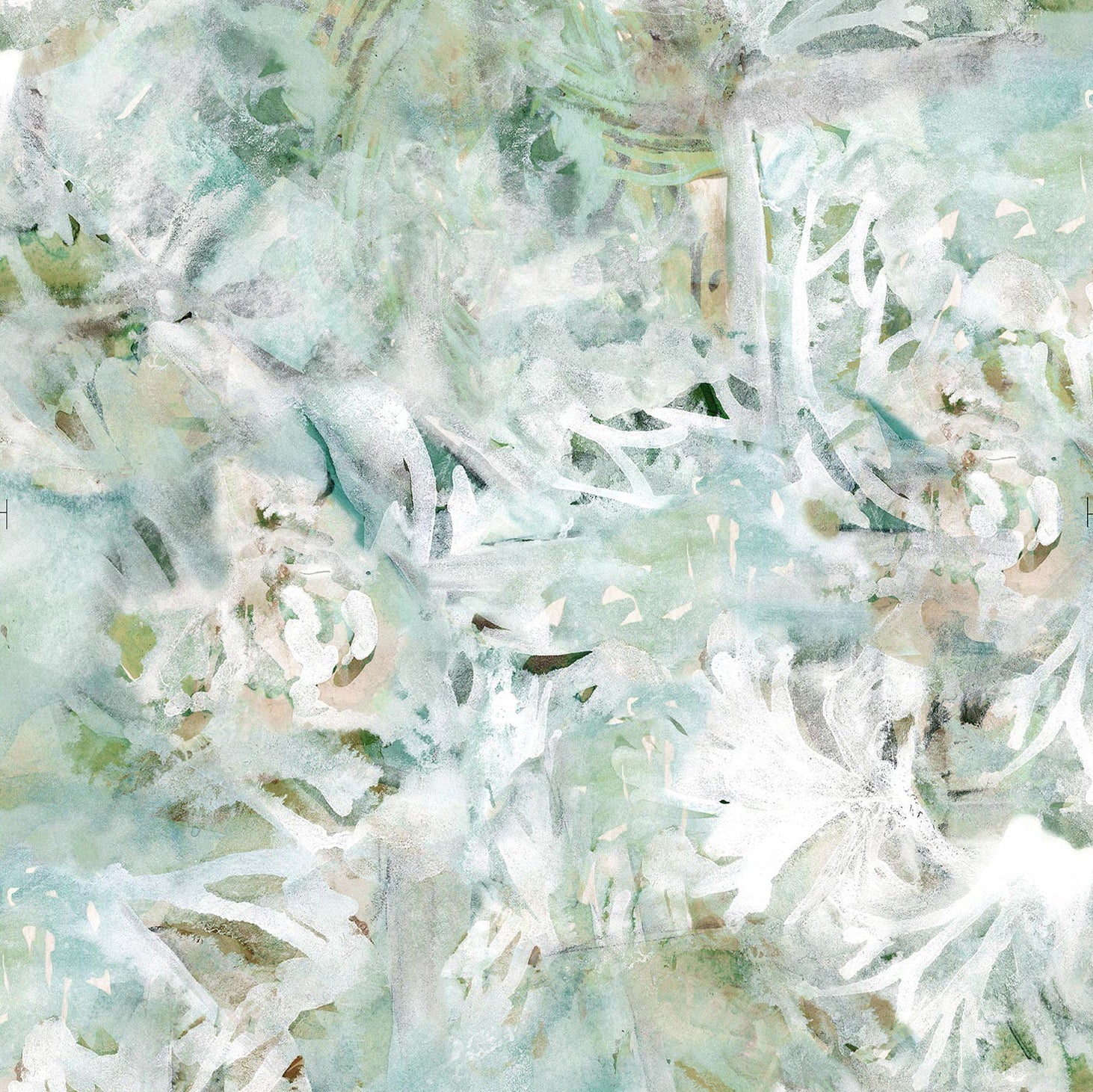 Detail of wallpaper in an abstract painted print in shades of green, tan and white.
