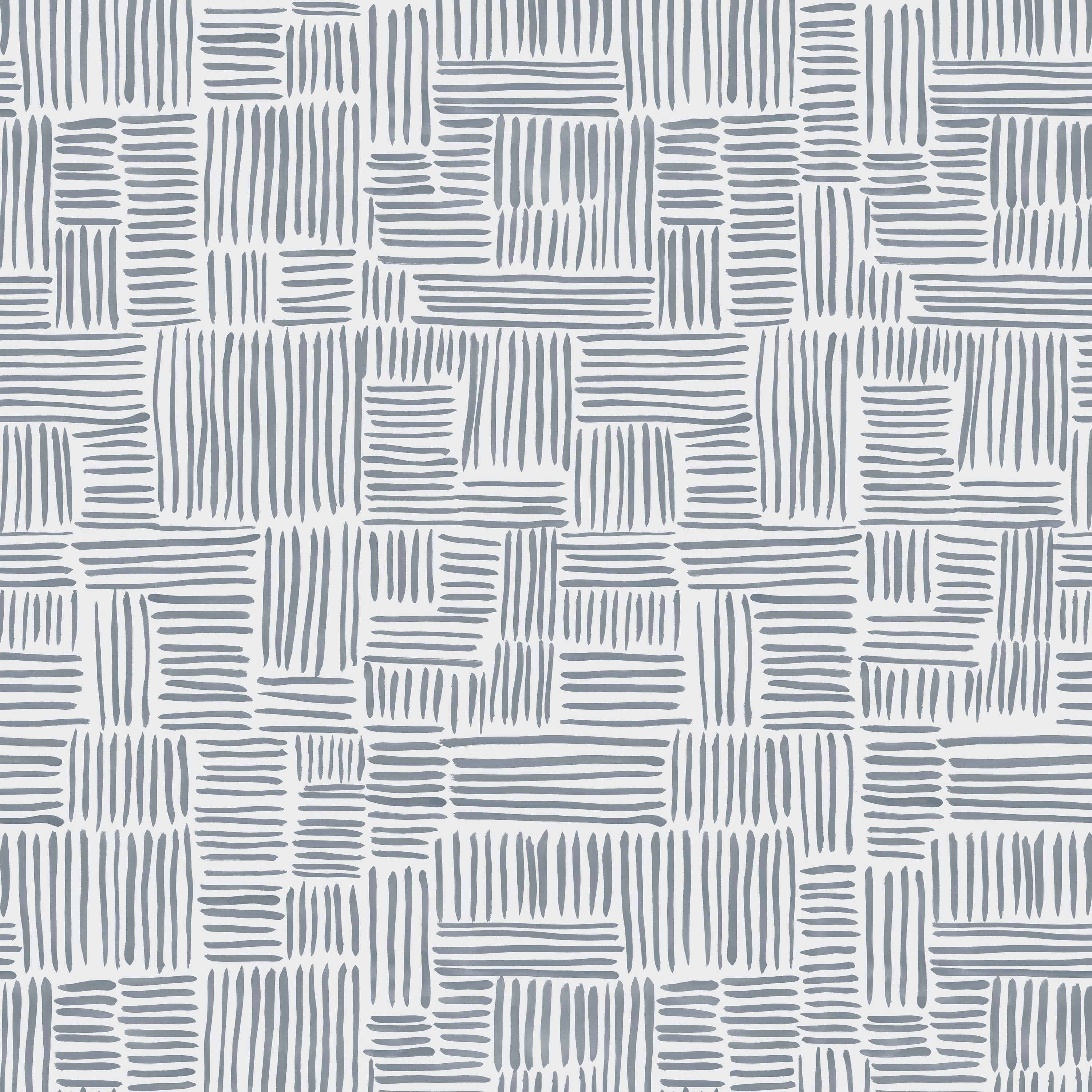 Detail of wallpaper in a directional dash pattern in blue-gray on a white field.