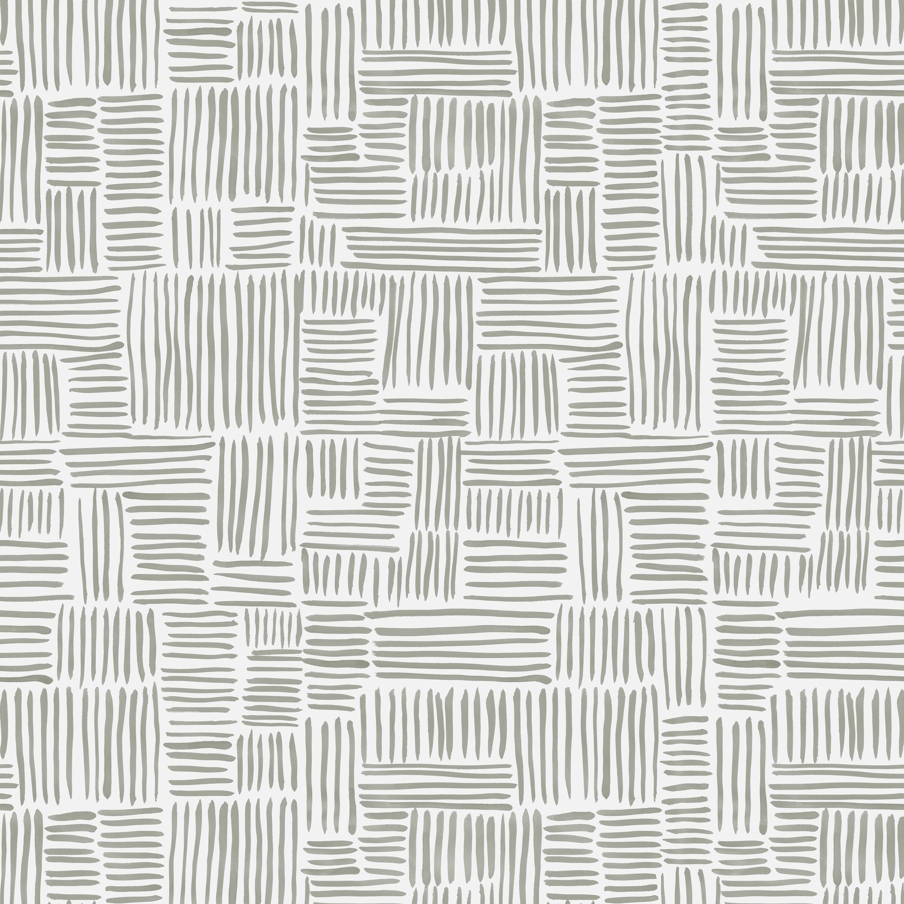 Detail of wallpaper in a directional dash pattern in green-gray on a white field.