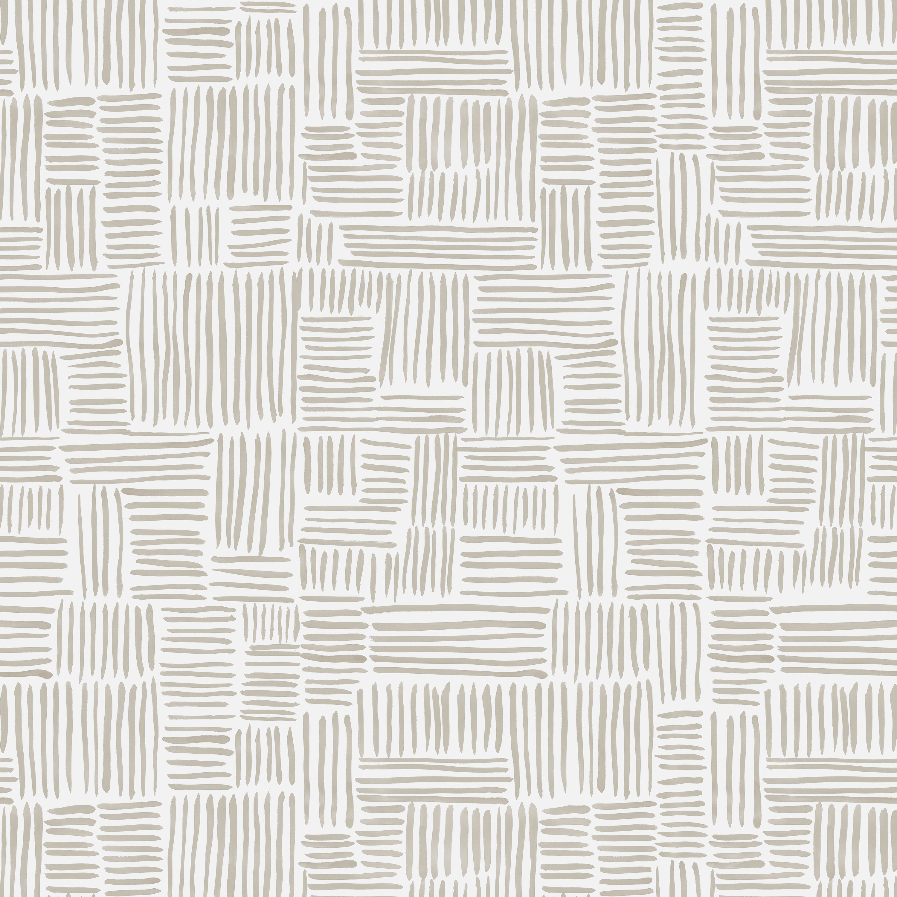 Detail of wallpaper in a directional dash pattern in cream on a white field.