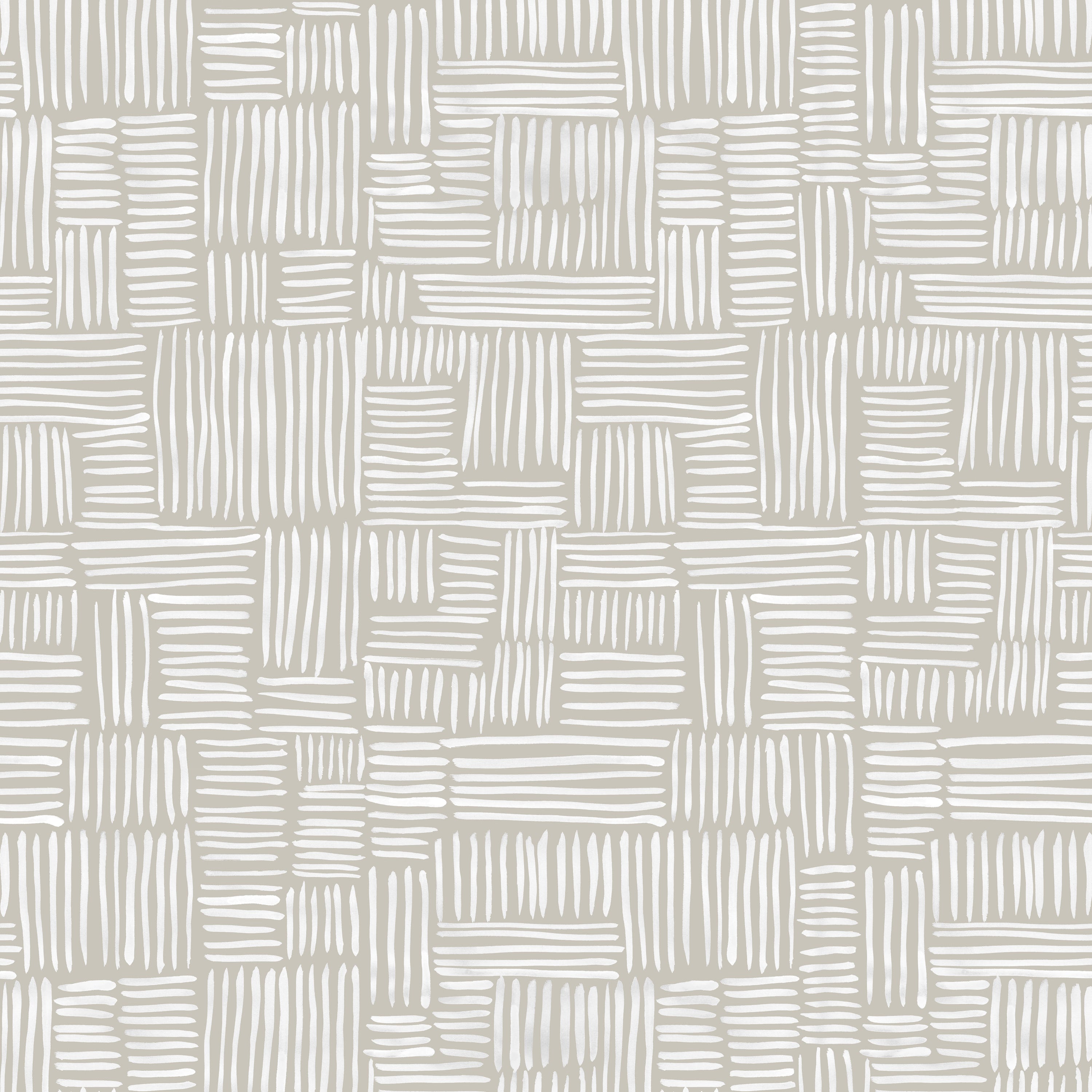 Detail of wallpaper in a directional dash pattern in white on a cream field.