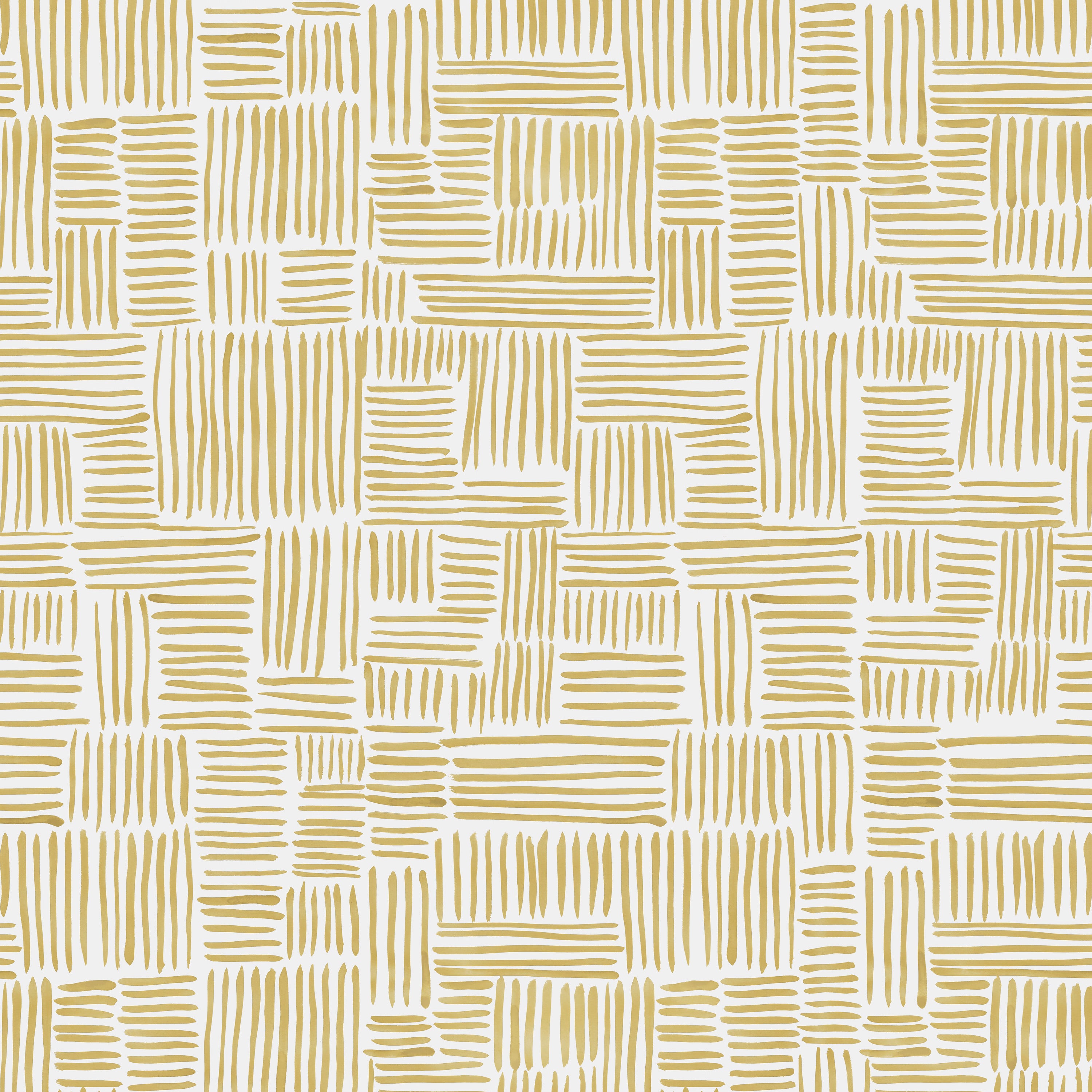 Detail of wallpaper in a directional dash pattern in yellow on a white field.