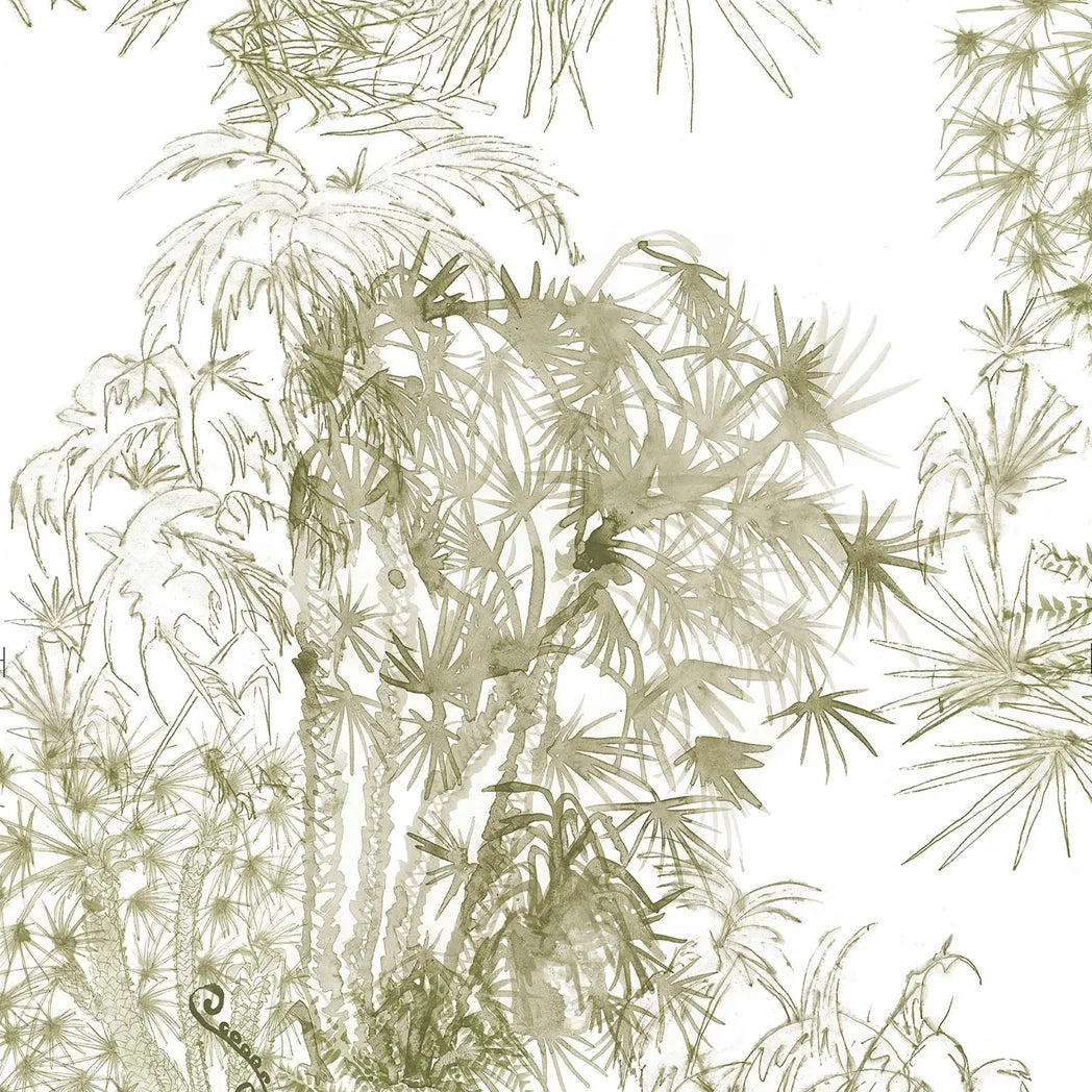 Detail of wallpaper in a painterly palm tree print in olive on a cream field.