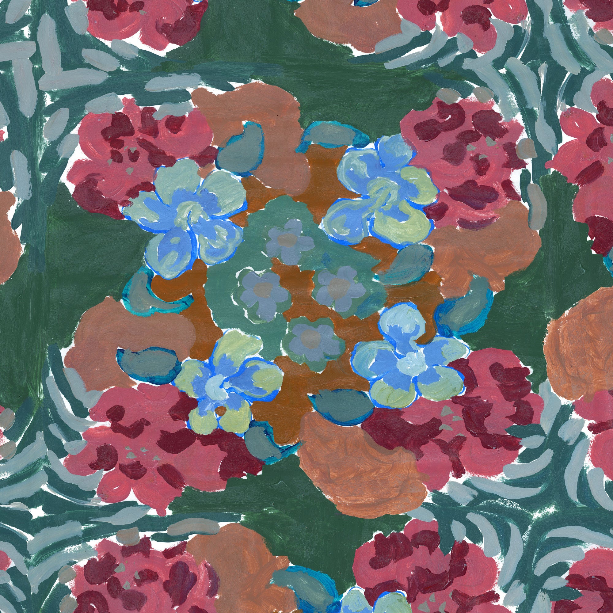 Repeating floral pattern with a paint-daubed texture in shades of green, turquoise and maroon.