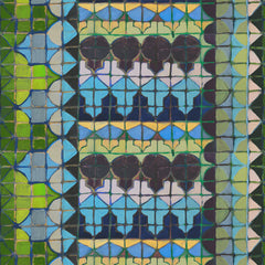 Wallpaper swatch with a dense pattern painted to mimic tilework, in shades of green, blue and yellow.