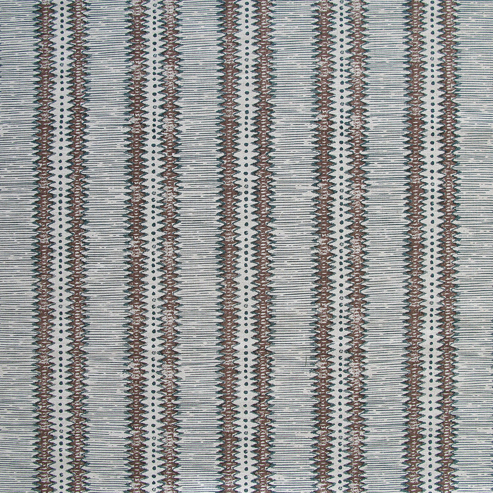 Detail of fabric in a dense tribal stripe pattern in shades of greige, brown and charcoal.