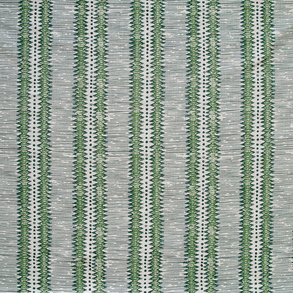 Detail of fabric in a dense tribal stripe pattern in shades of gray and green.