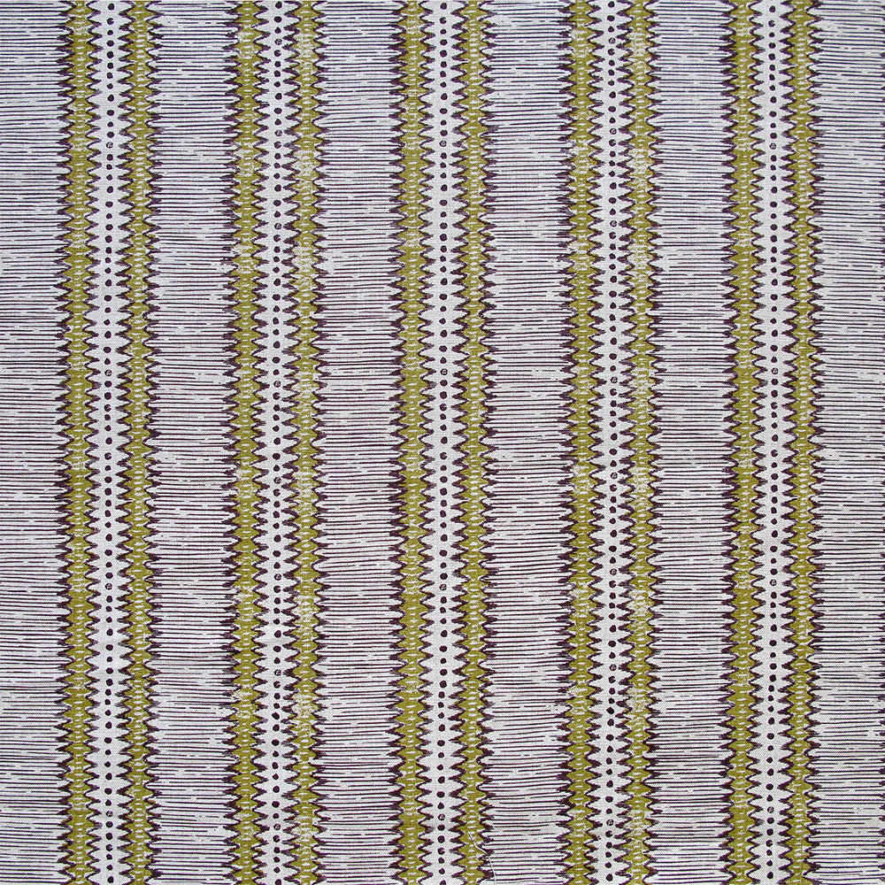 Detail of fabric in a dense tribal stripe pattern in shades of gray, brown and olive.
