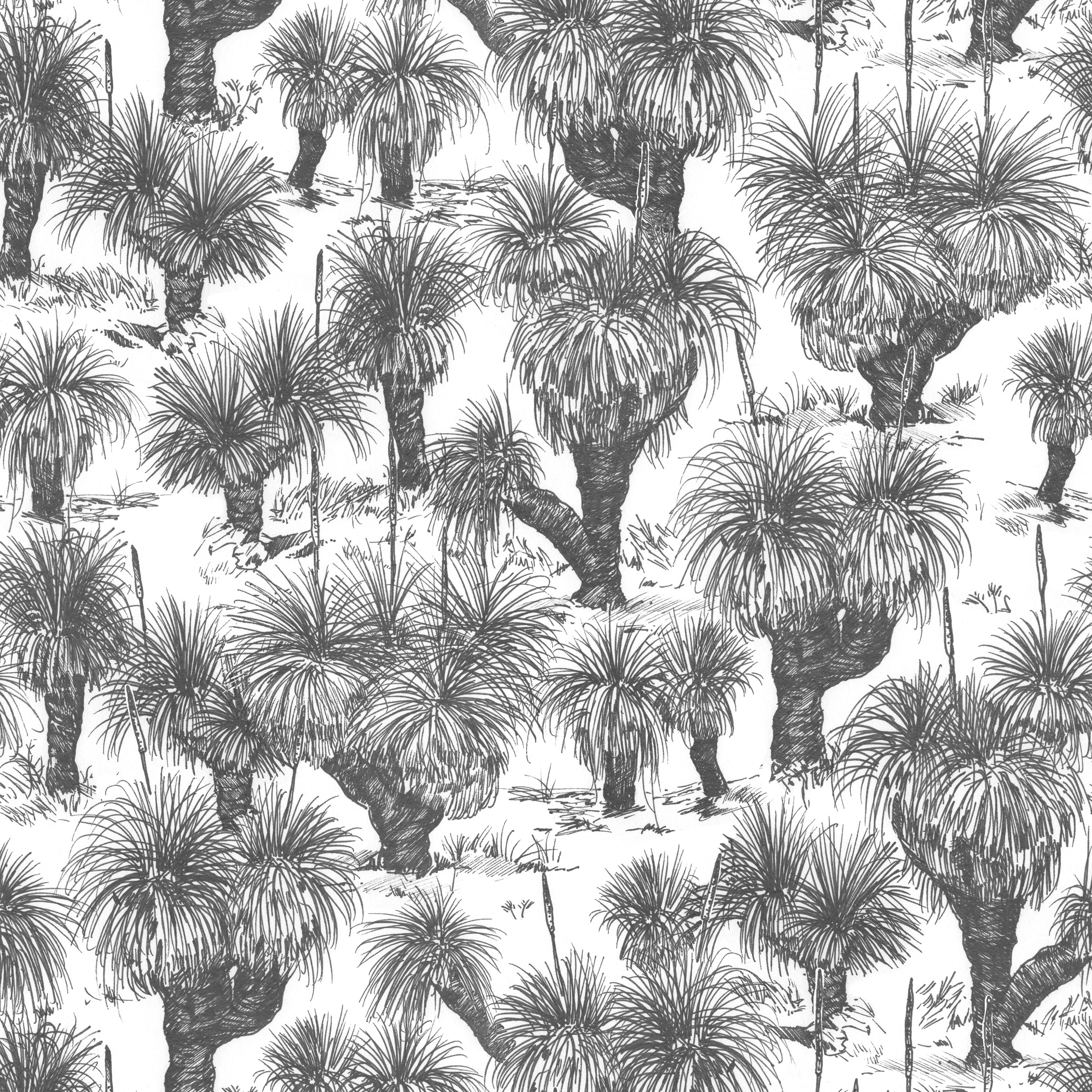 Detail of fabric in a painterly tree print in gray on a white field.