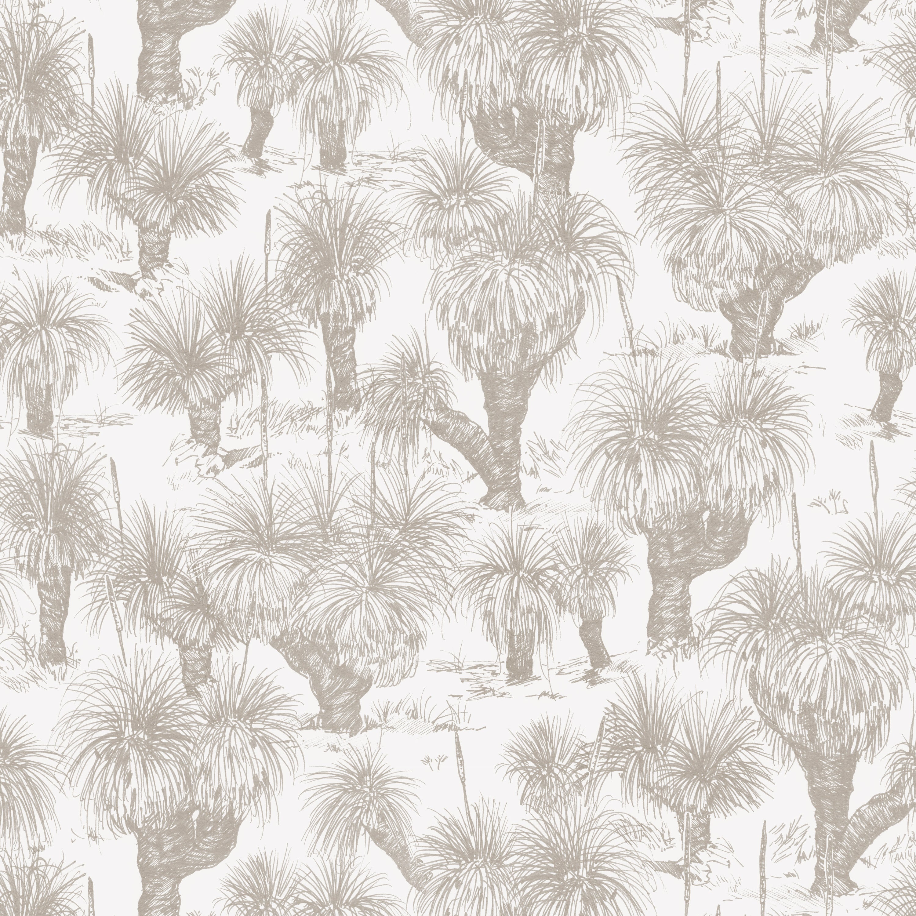 Detail of wallpaper in a painterly tree print in tan on a white field.