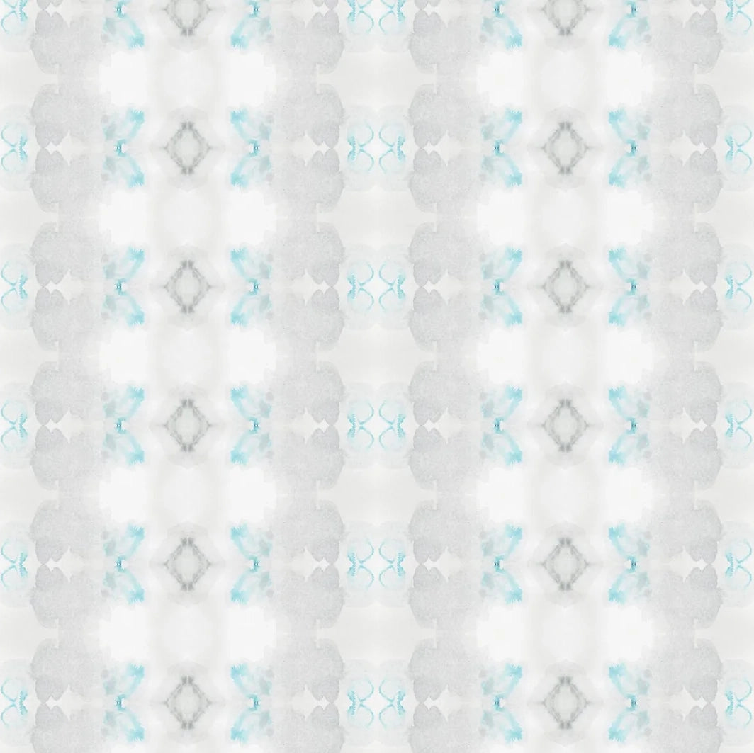 Detail of wallpaper in a striped ink blot print in shades of gray and turquoise on a cream field.