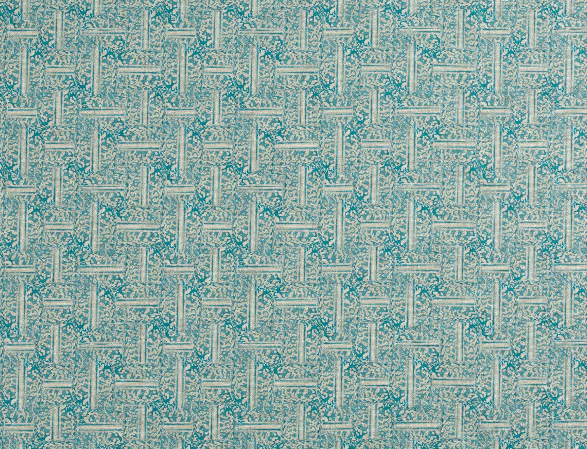 Detail of fabric in a geometric grid pattern in turquoise on a cream field.